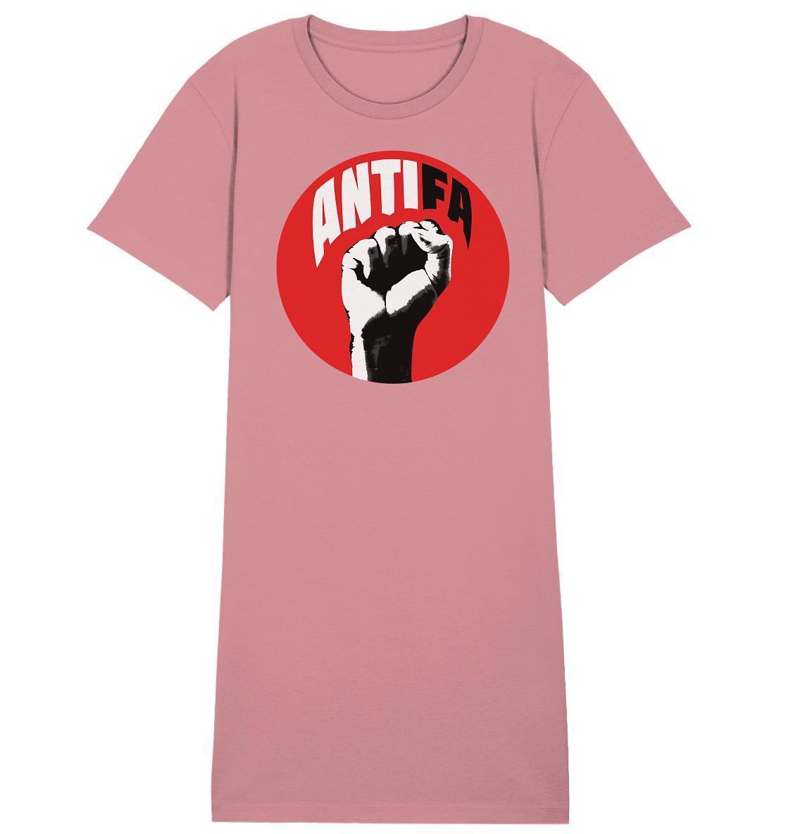 Vegan und Bio Shirt Kleid: Antifa - Gemeinsam gegen Rechts, pink mit erhobener Faust, nachhaltige Bio-Baumwolle, symbolisiert Widerstand gegen faschistisches Gedankengut.