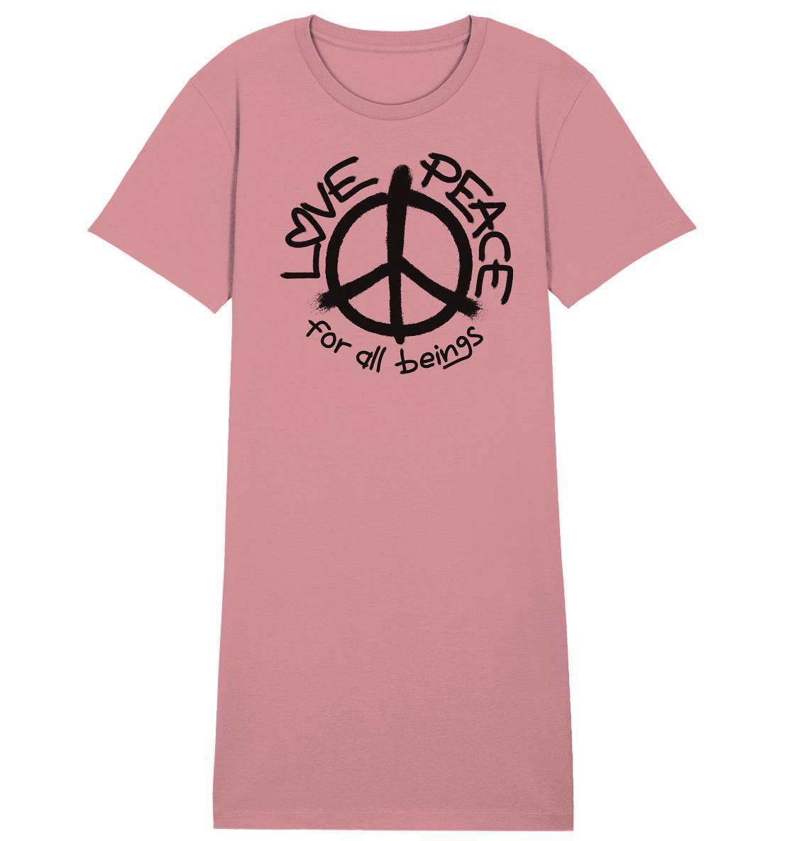 Vegan und Bio Shirt Kleid mit Peace-Zeichen, aus nachhaltiger Bio-Baumwolle, symbolisiert Liebe und Frieden, perfektes Beispiel für RUDE REBELs ethisches Design.