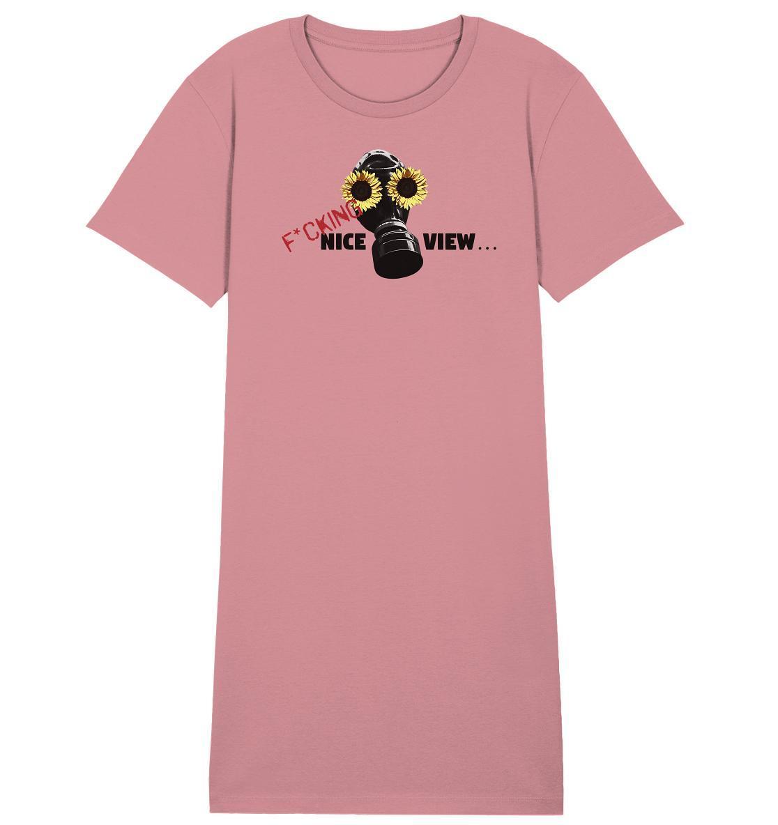 Pinkes Vegan und Bio Shirt Kleid mit Gasmaske und Sonnenblumen-Design, aus umweltfreundlicher Bio-Baumwolle, inspiriert von nachhaltigem Lebensstil und Naturschutz.