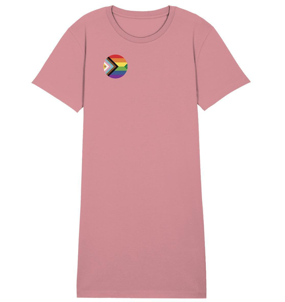 Vegan und Bio Shirt Kleid: LGBTQAI+ Veganismus, pink mit Regenbogenlogo, normaler Schnitt, aus Bio-Baumwolle, zelebriert Liebe und Freiheit.