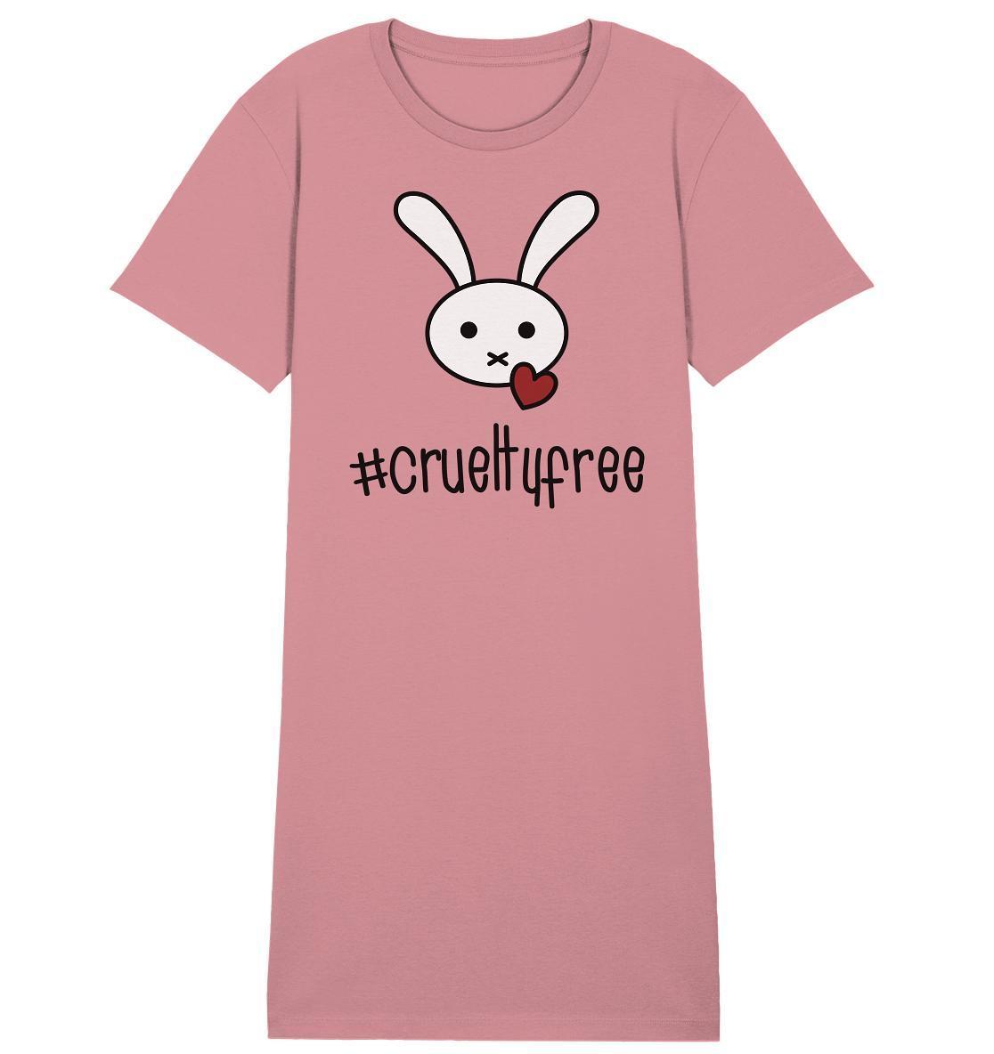 Vegan und Bio Shirt Kleid mit einem weißen Cartoon-Kaninchen, das ein Herz hält, aus Bio-Baumwolle, symbolisiert den Einsatz gegen Tierversuche in der Kosmetikindustrie.