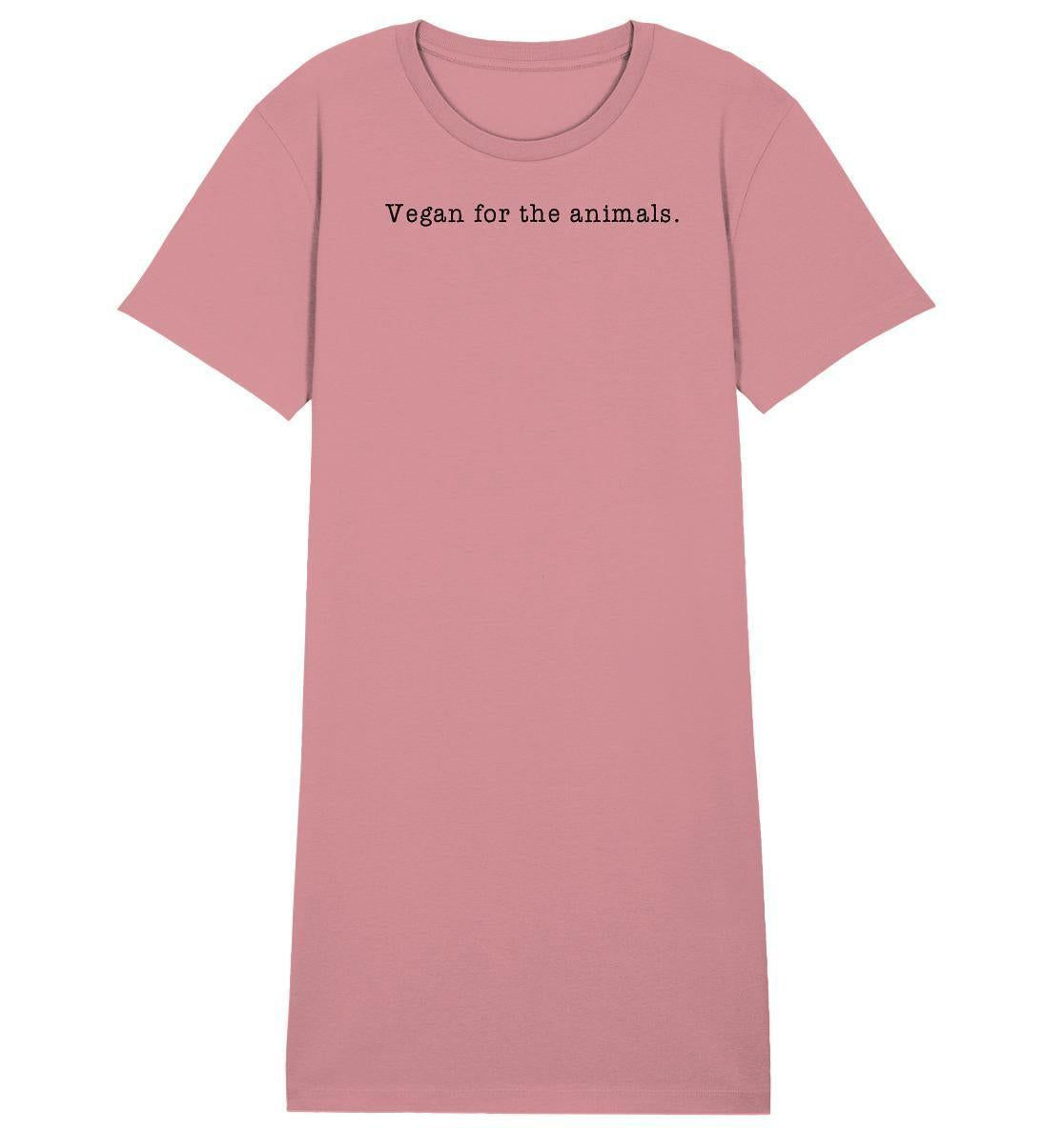 Vegan und Bio Shirt Kleid mit schwarzem Text, normale Passform, 100% Bio-Baumwolle. Minimalistisches Design: Vegan for the animals.