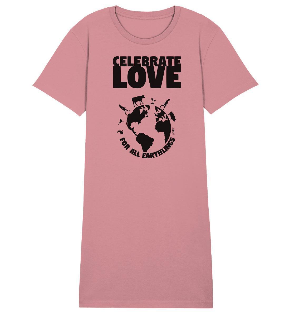 Vegan und Bio Shirt Kleid mit schwarzem Text und Kontinent-Silhouette, feiert Liebe und Veganismus, aus 100% Bio-Baumwolle, normale Passform.