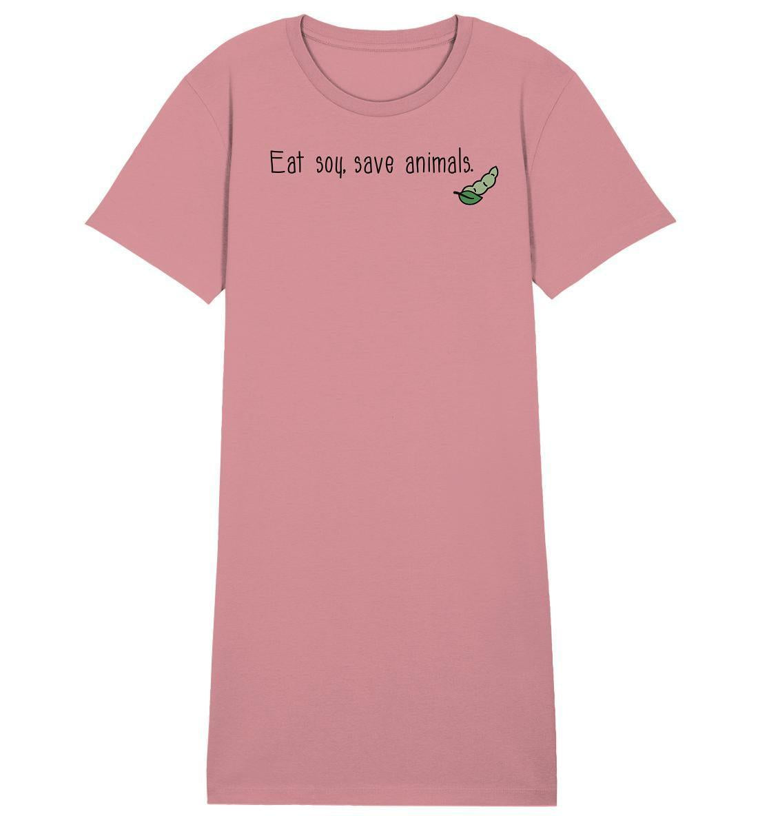 Vegan und Bio Shirt Kleid mit grünem Blatt und Erbse, aus Bio-Baumwolle, symbolisiert Veganismus und Tierschutz. Designed von RUDE REBEL.