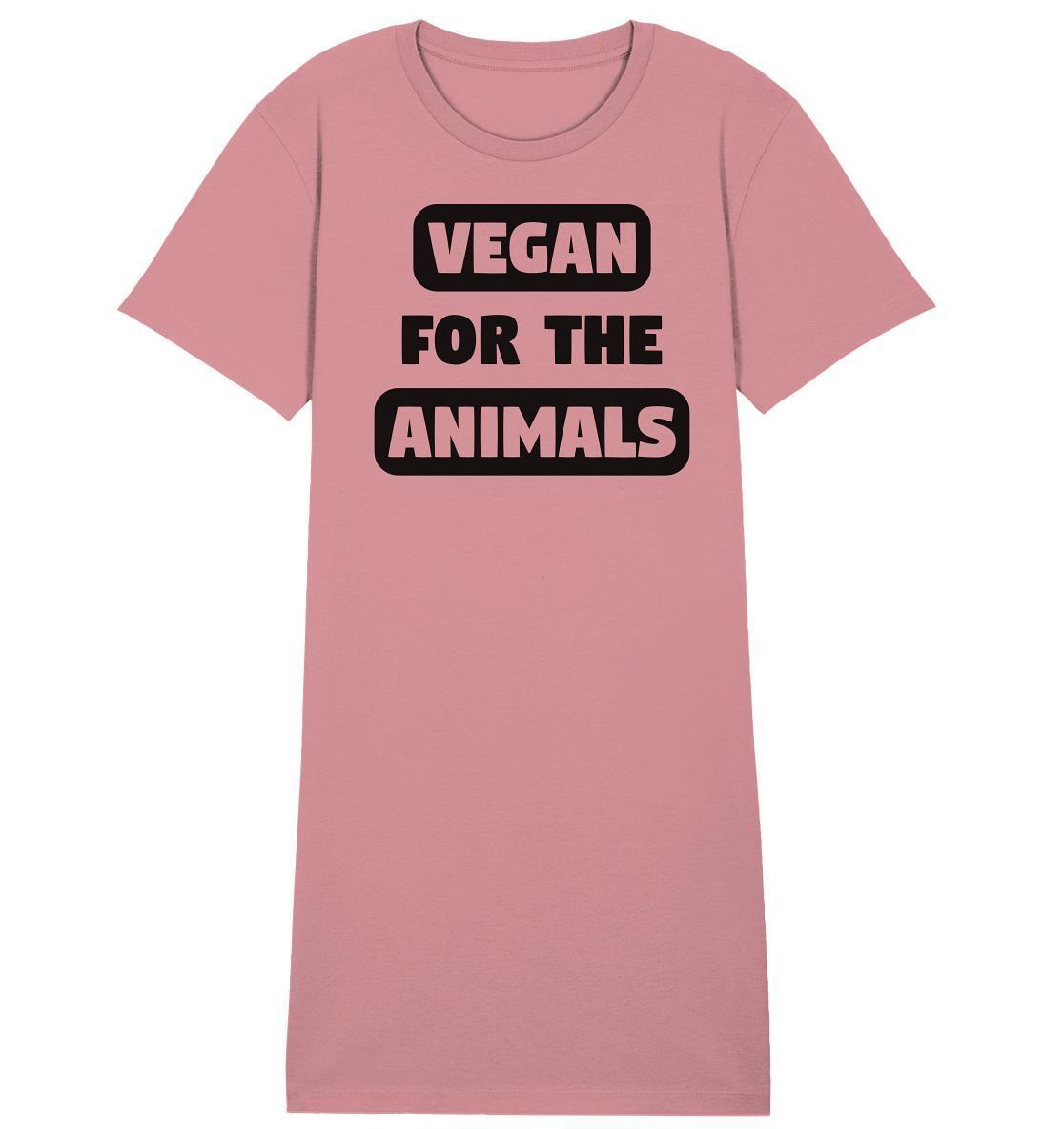 Vegan und Bio Shirt Kleid: VEGAN FOR THE ANIMALS, pinkes T-Shirt mit schwarzem Text, aus 100 % Bio-Baumwolle, normaler Schnitt, von RUDE REBEL.