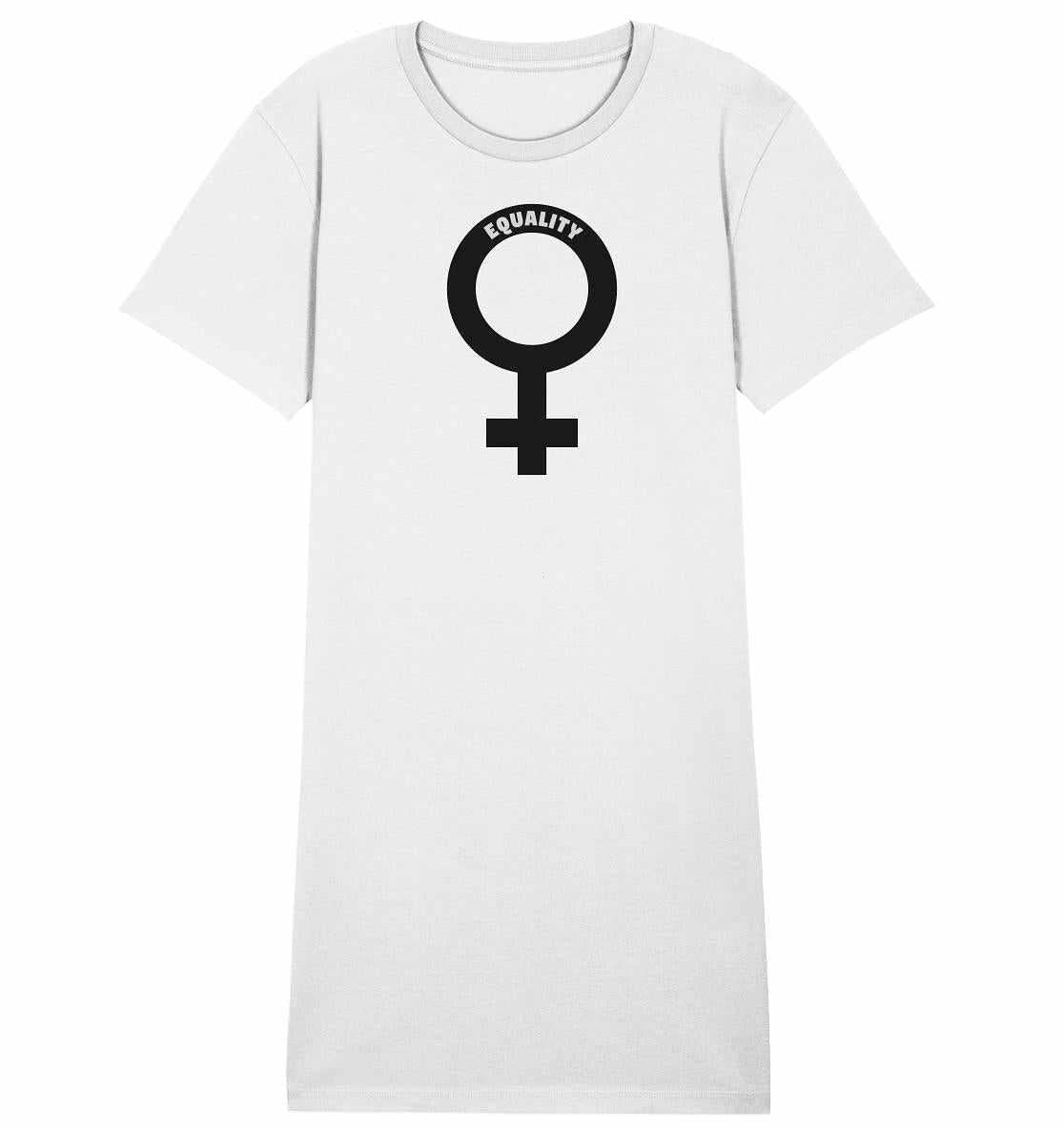 Weißes Vegan und Bio Shirtkleid mit Venussymbol, symbolisiert feministische Botschaft, aus Bio-Baumwolle, normal geschnitten, von RUDE REBEL für Gleichberechtigung entworfen.