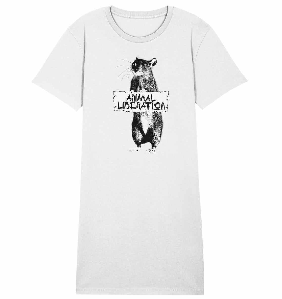 Vegan und Bio Shirt Kleid: Rat for Animal Liberation zeigt eine digitale Collage von Tieren im Banksy-inspirierten Stil auf einem weißen T-Shirt aus Bio-Baumwolle.