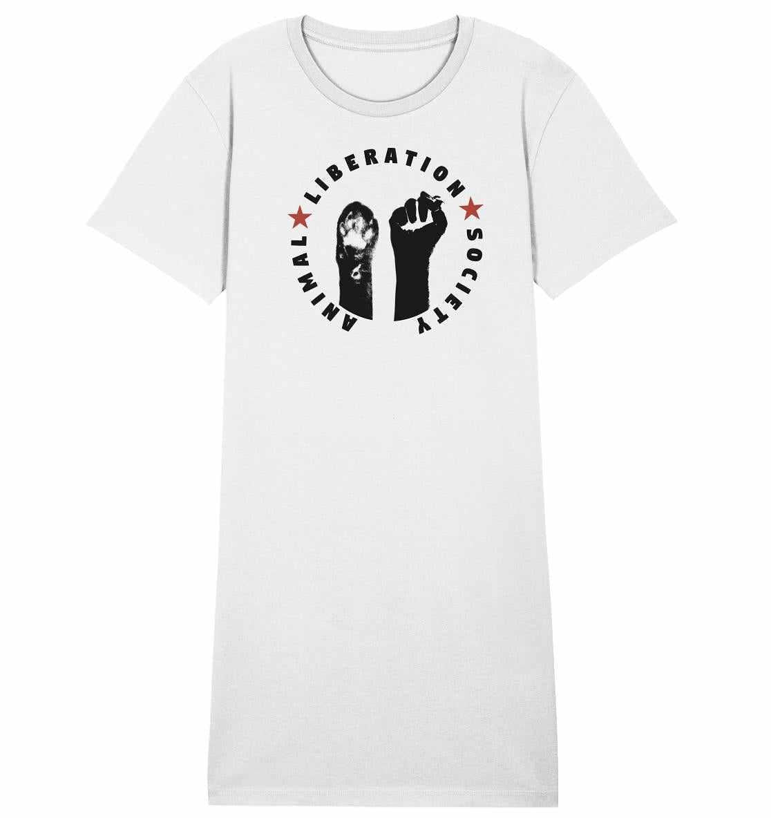 Vegan und Bio Shirt Kleid mit schwarzem und rotem Design, zeigt Pfote neben Faust für Tierrechte, aus umweltfreundlicher Bio-Baumwolle von RUDE REBEL.