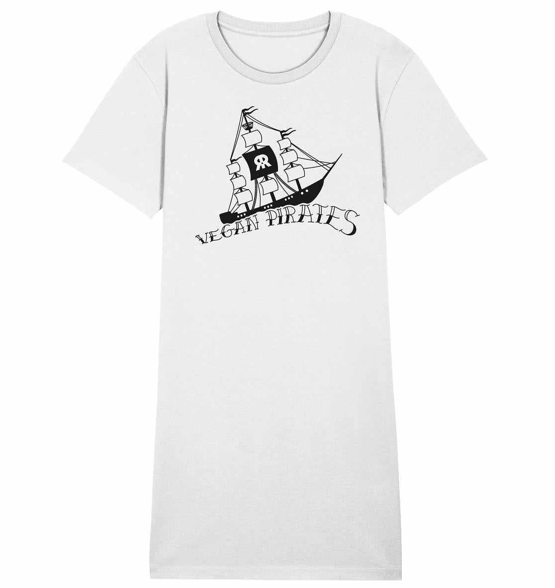 Vegan und Bio Shirt Kleid: Vegan Pirates, weißes T-Shirt mit schwarzem Piratenschiff-Motiv, aus 100% Bio-Baumwolle von RUDE REBEL, normaler Schnitt.