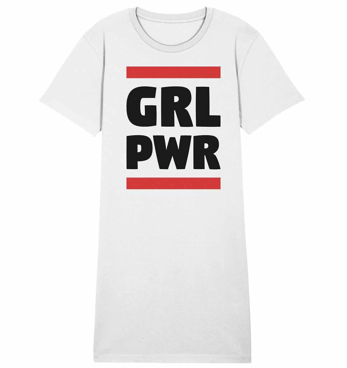 Vegan und Bio Shirt Kleid: GIRL POWER mit schwarzem Text auf weißem Hintergrund, aus 100% Bio-Baumwolle, zeigt feminine Stärke und Selbstbewusstsein.