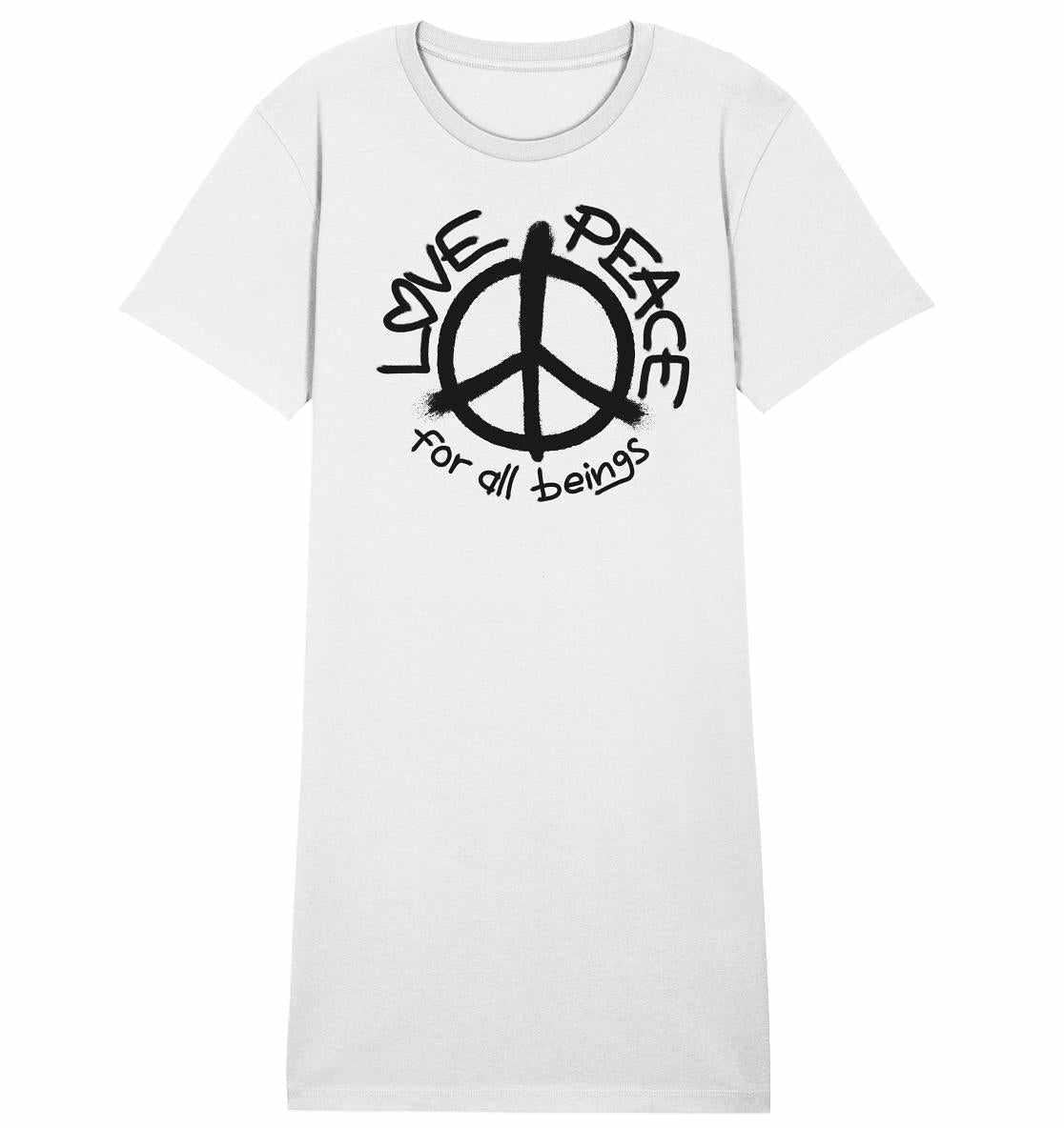 Vegan und Bio Shirt Kleid: LOVE and PEACE for all beings, zeigt ein weißes T-Shirt mit Peace-Zeichen, aus umweltfreundlicher Bio-Baumwolle, normale Passform.