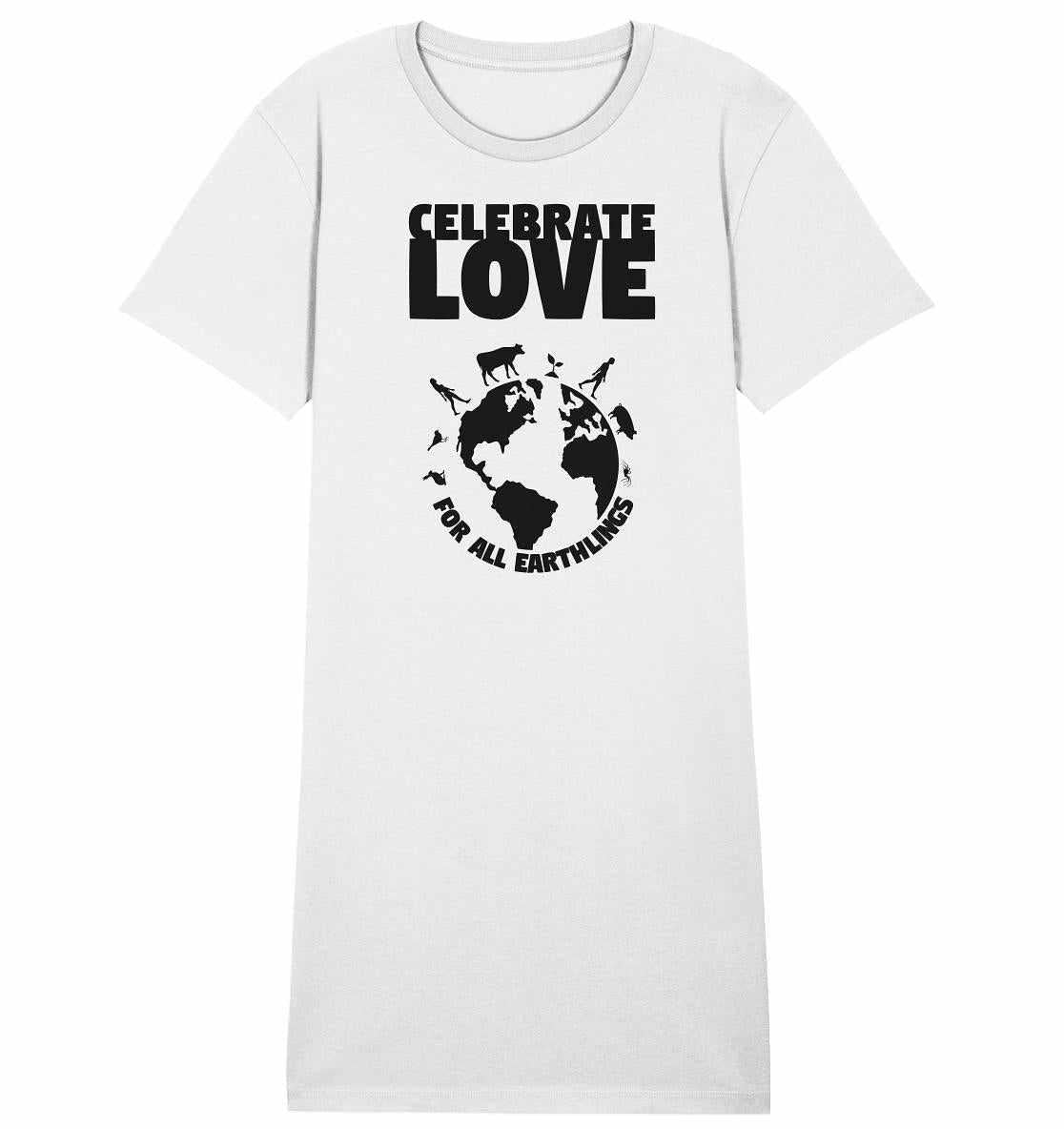 Vegan und Bio Shirt Kleid: Celebrate Love For All Earthlings, weißes T-Shirt mit schwarzem Text, symbolisiert Veganismus und Gleichheit, aus Bio-Baumwolle, normaler Schnitt.