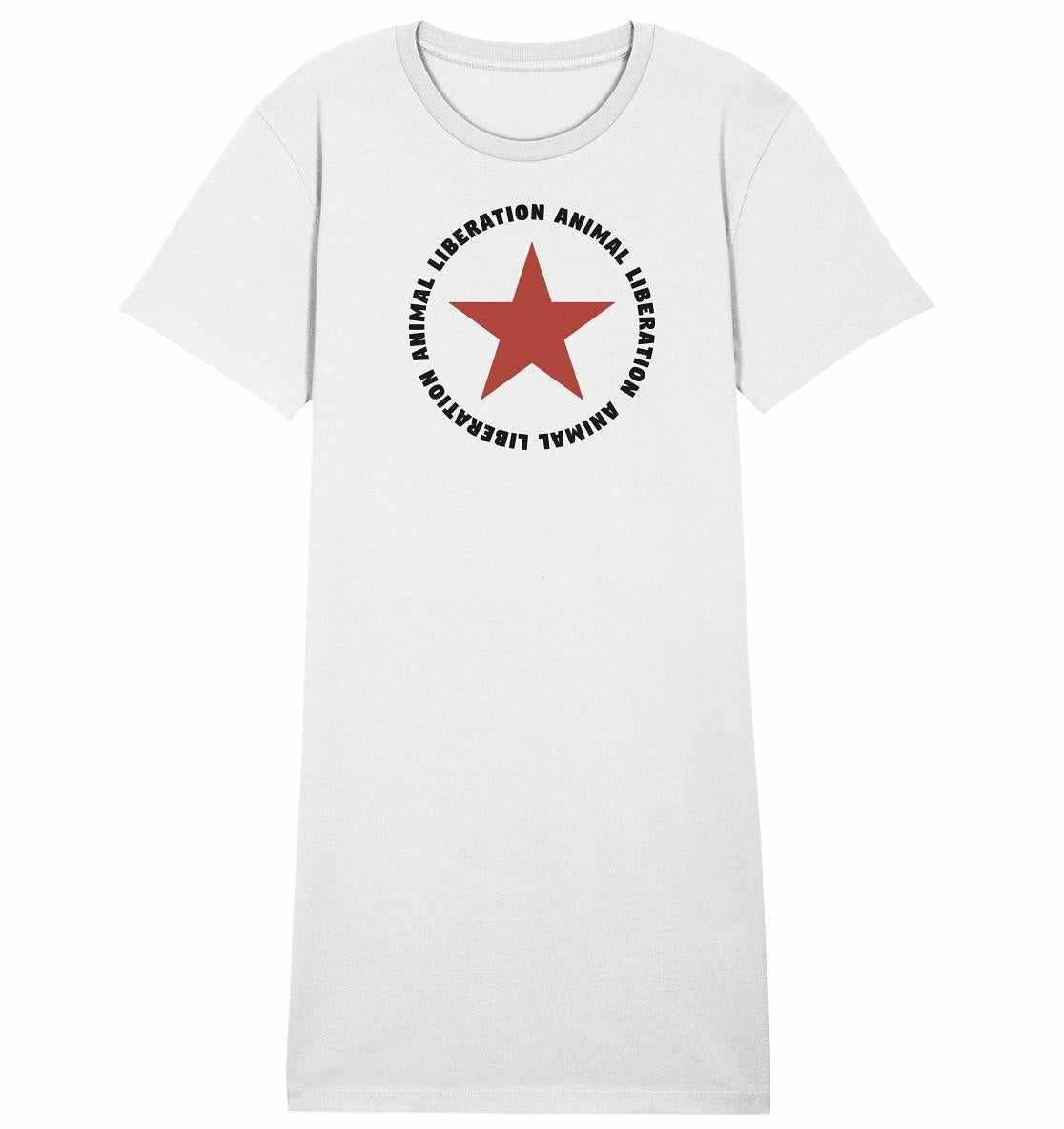 Vegan und Bio Shirt Kleid: Red Star und Animal Liberation, weißes T-Shirt mit rotem Stern, aus Bio-Baumwolle, symbolisiert vegane und nachhaltige Werte.