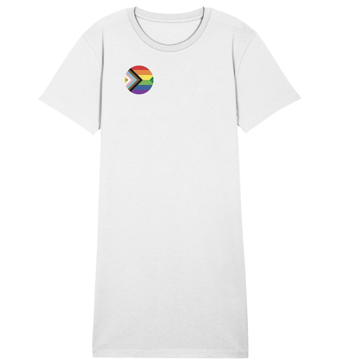 Vegan und Bio Shirt Kleid mit LGBTQAI+-Veganismus-Logo, zeigt ein Regenbogenlogo mit Fisch auf weißem Hintergrund, aus Bio-Baumwolle, feiert Liebe und Nachhaltigkeit.