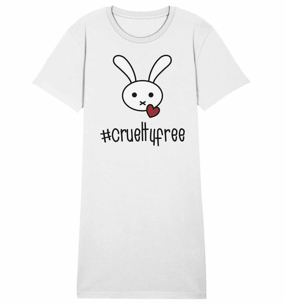 Vegan und Bio Shirt Kleid: Crueltyfree Bunny BIG zeigt einen Cartoon-Hasen mit Herz, symbolisiert vegane Bewegung gegen Tierversuche. Hergestellt aus Bio-Baumwolle.