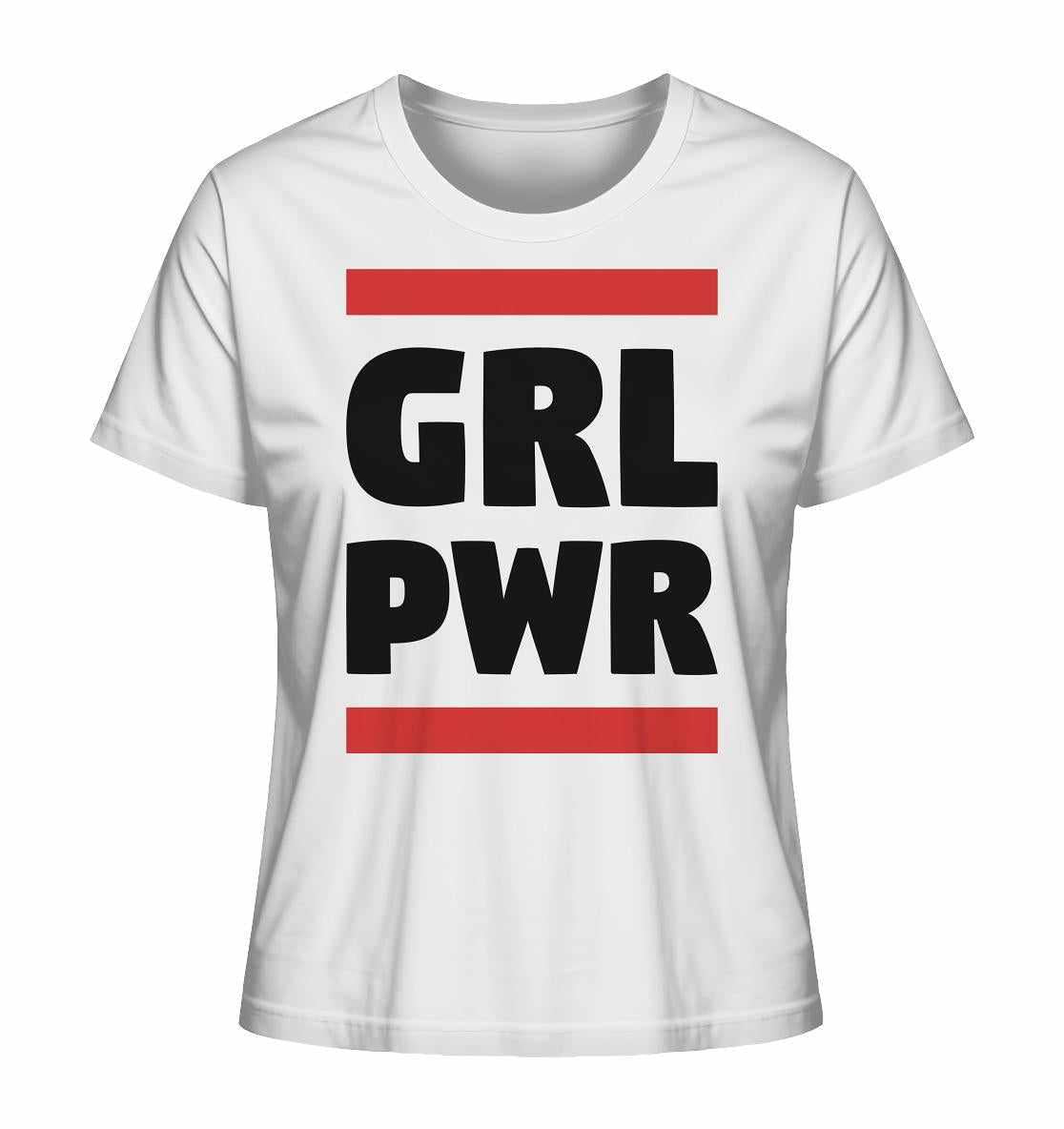 Vegan und Bio Ladies Shirt: GIRL POWER mit schwarzem Text auf weißem Hintergrund, aus 100% Bio-Baumwolle, symbolisiert Stärke und Emanzipation.