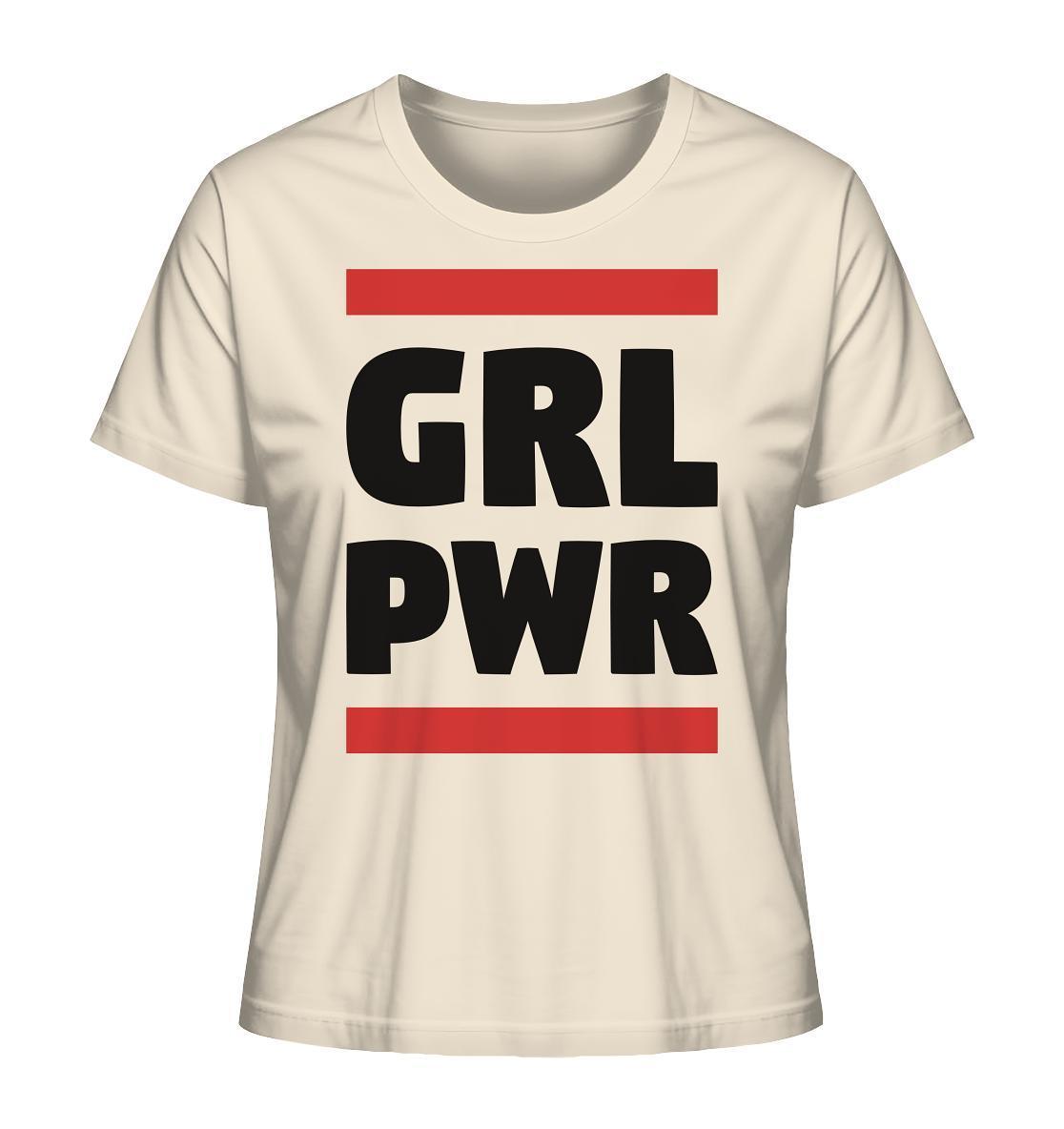 Vegan und Bio Ladies Shirt: GIRL POWER, weiß mit schwarzem Text, feministische Botschaft, aus 100% Bio-Baumwolle, nachhaltige Herstellung, designed von RUDE REBEL.