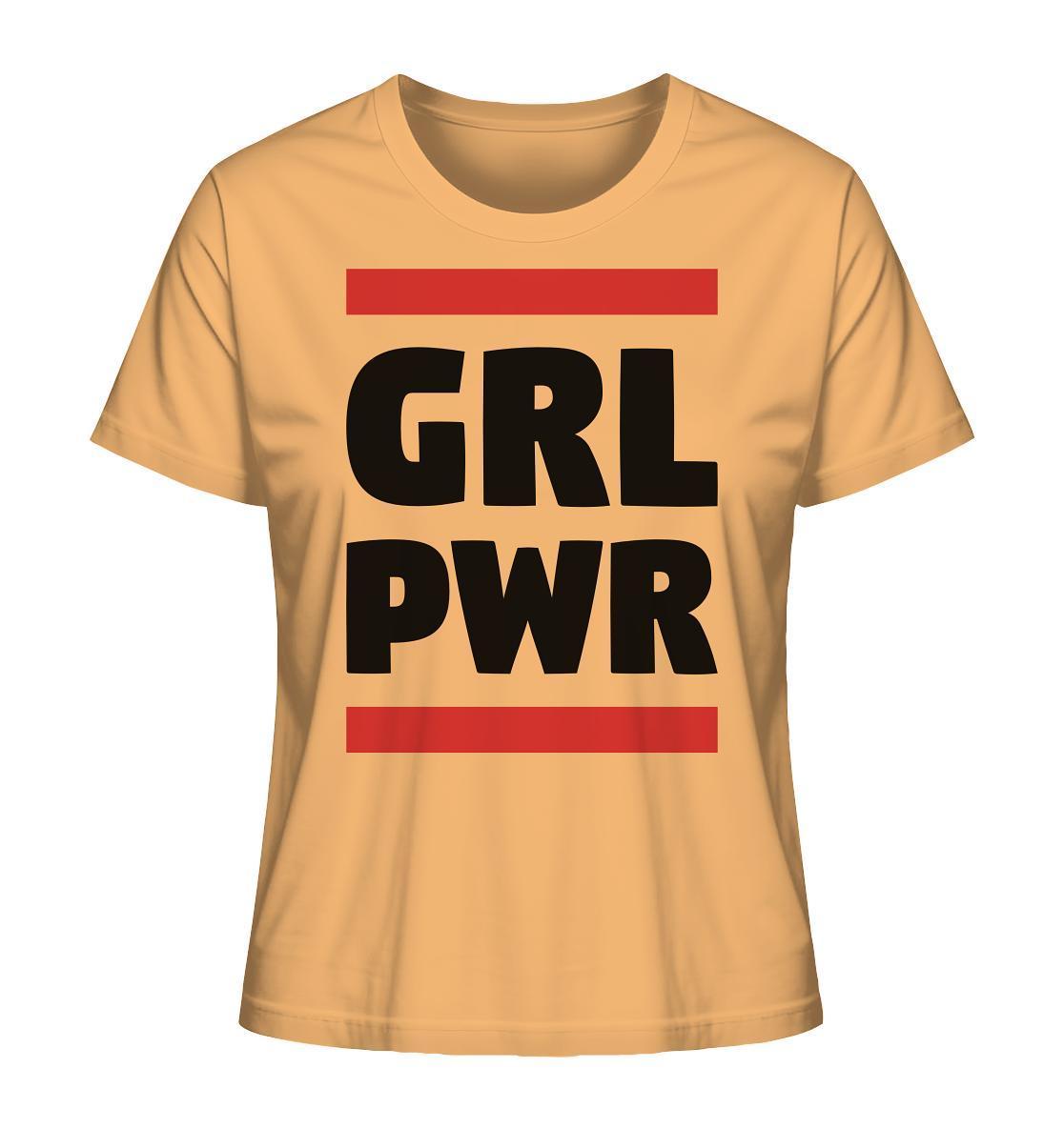 Vegan und Bio Ladies Shirt: GIRL POWER, gelbes Shirt mit schwarzem Text, feministischer Message, aus reiner Bio-Baumwolle, bei RUDE REBEL erhältlich.