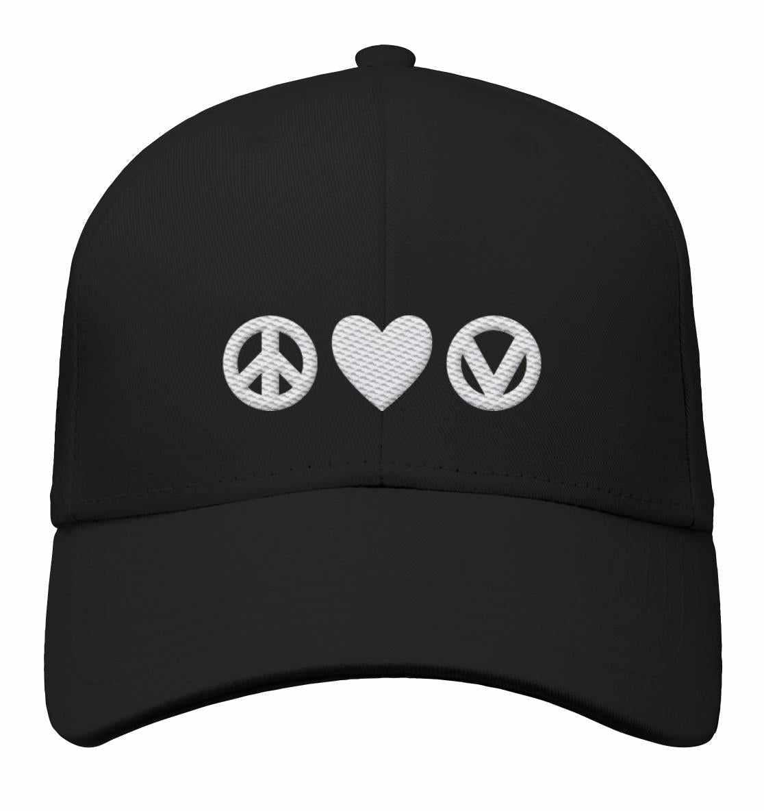 Vegan und Bio Baseball Cap: Love - Peace - Veganism, schwarze Kappe mit weißem Peace-Symbol und Herz, aus Bio-Baumwolle, vegan und umweltfreundlich produziert.