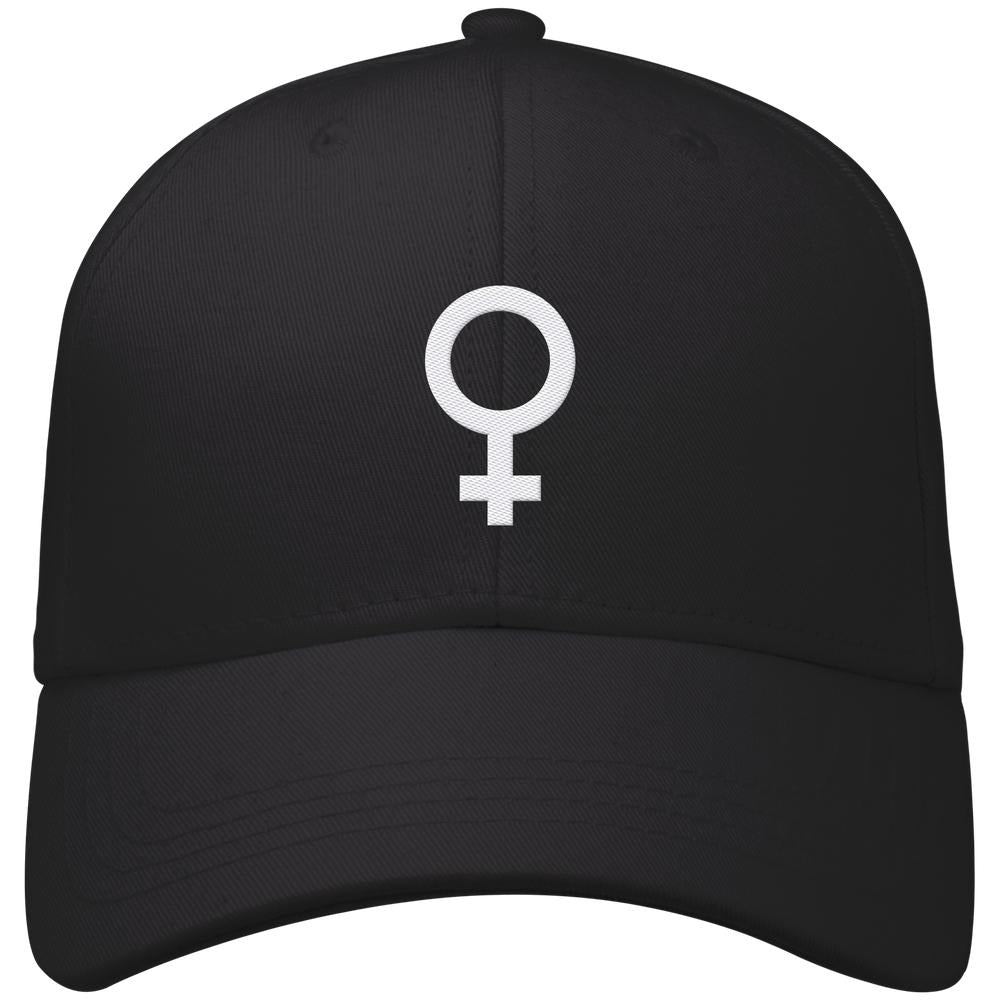 Schwarze Baseballkappe mit weißem Venussymbol, symbolisiert feministischen Kampf, aus 100% Bio-Baumwolle, verstärkte Frontpanels, Klettverschluss, wattiertes Schweißband; von RUDE REBEL.