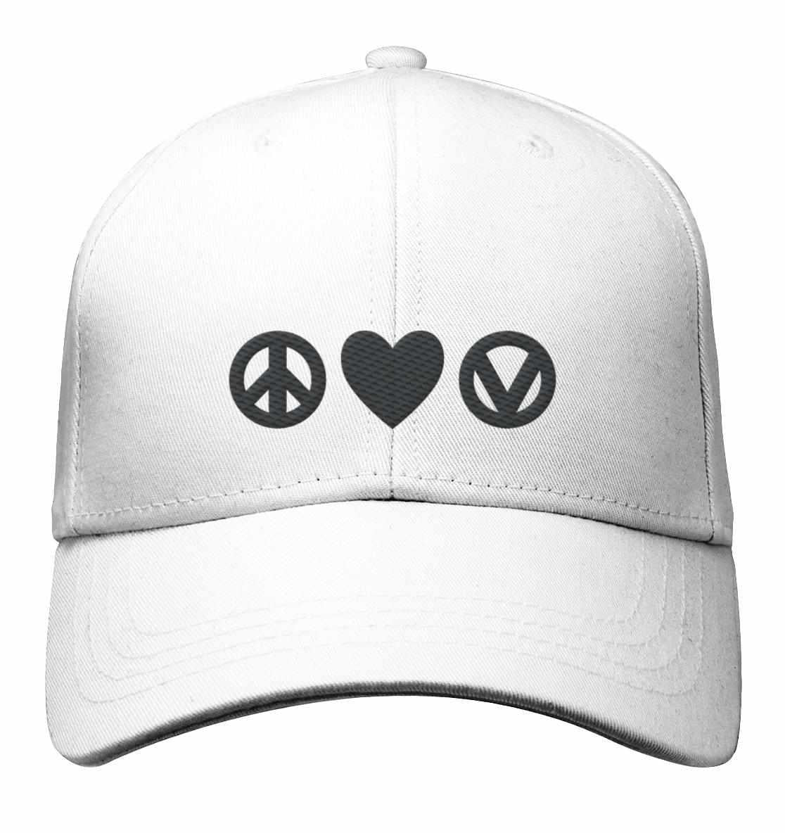 Vegan und Bio Baseball Cap mit Peace- und Herz-Symbol, aus umweltfreundlicher Bio-Baumwolle, steht für Frieden und Liebe, von RUDE REBEL.
