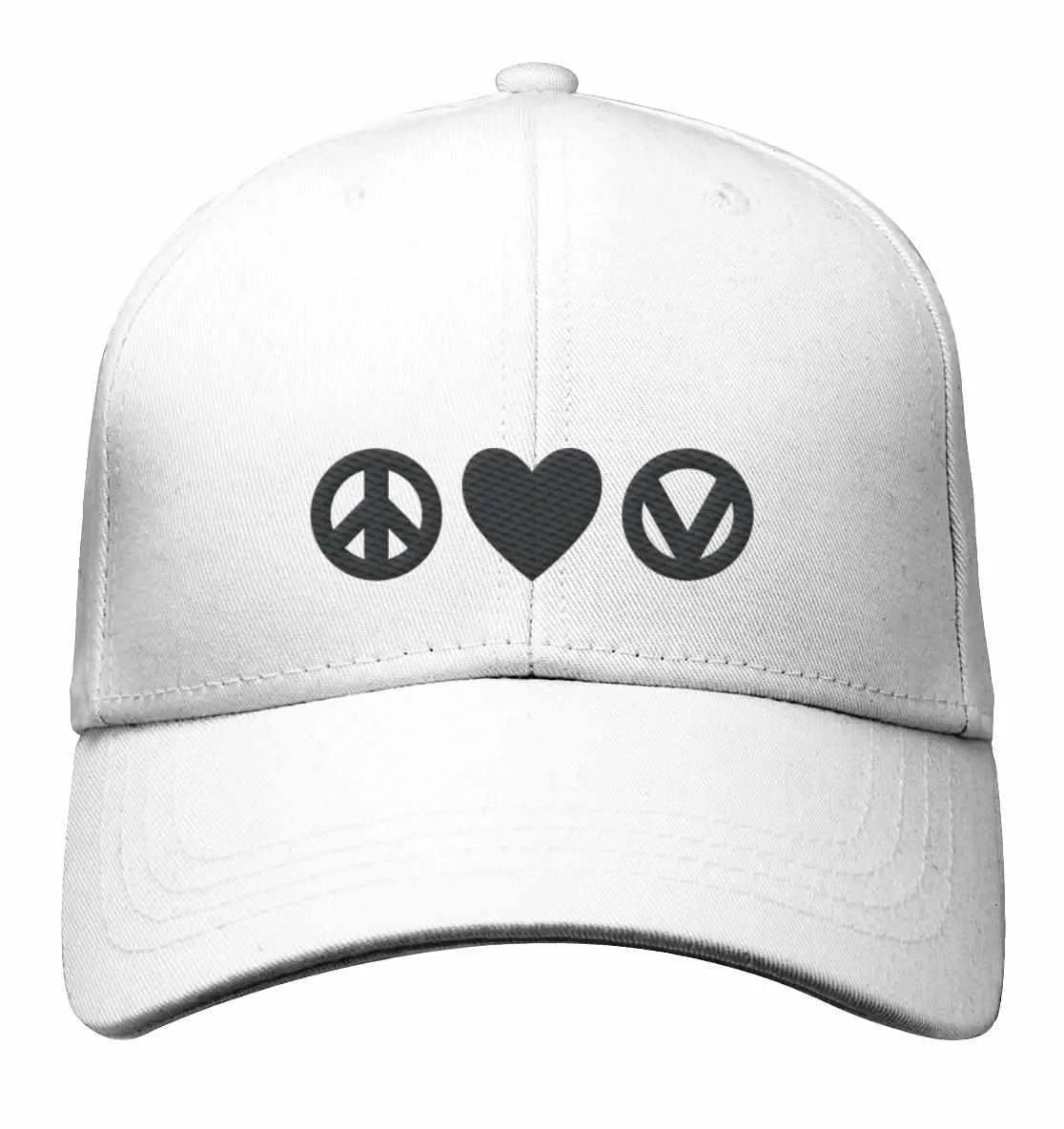 Weiße Baseballkappe mit besticktem Peace-Heart-Vegan-Symbol