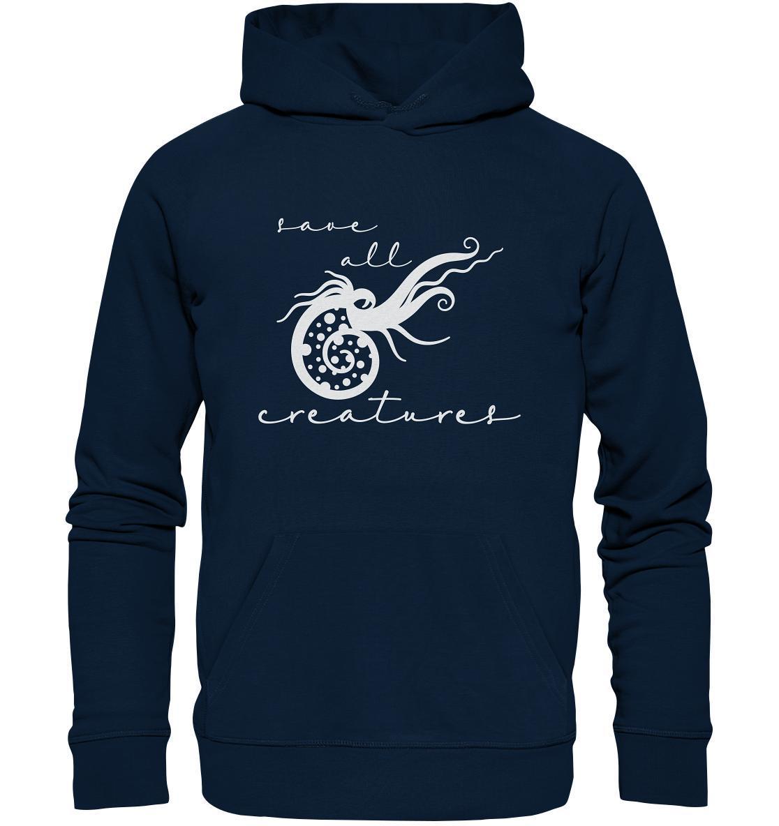 Vegan und Bio Hoodie: Save All Creatures, blauer Hoodie mit weißem Oktopus-Design, umweltfreundlich aus Bio-Baumwolle, normaler Schnitt, Kapuze mit Kängurutasche.