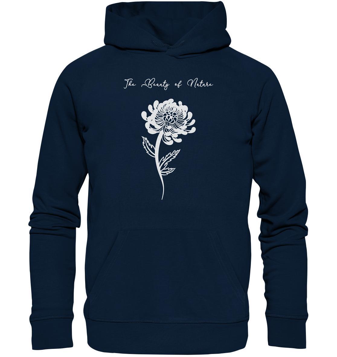 Vegan und Bio Hoodie: Chrysantheme, blau, mit weißer Blume, aus nachhaltiger Baumwolle, normaler Schnitt, Kapuze, Kängurutasche.