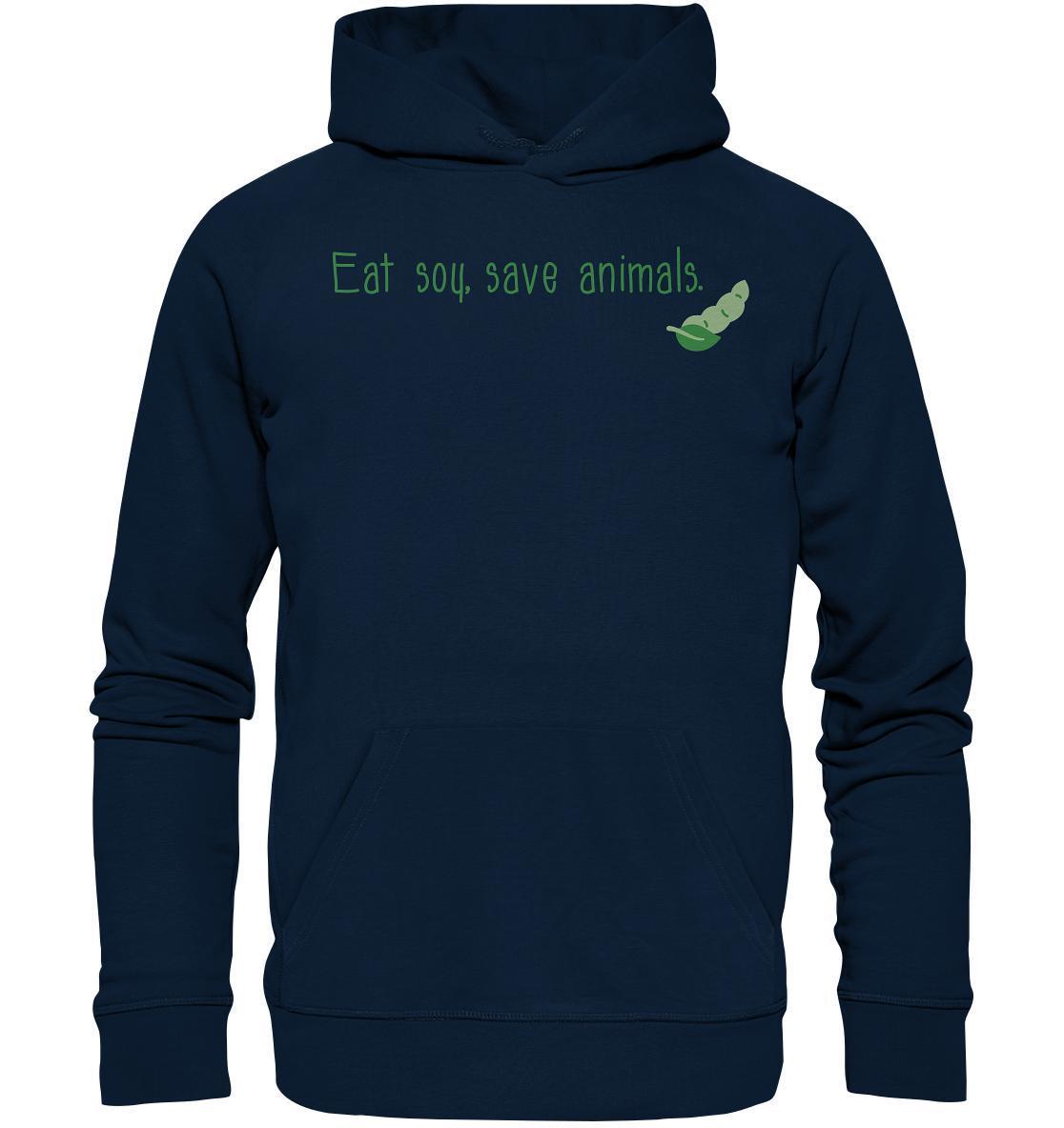 Vegan und Bio Hoodie mit grünem Logo Eat soy, save animals, aus Bio-Baumwolle und recyceltem Polyester. Nachhaltig und vegan produziert.