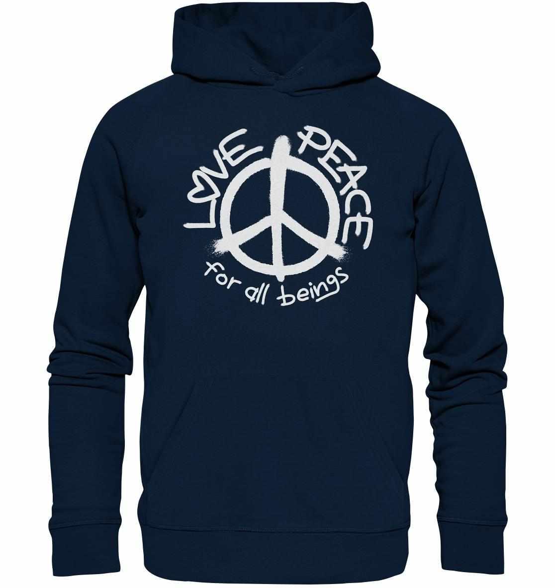 Vegan und Bio Hoodie: LOVE and PEACE for all beings, blauer Hoodie mit Friedenssymbol, nachhaltig aus Bio-Baumwolle und recyceltem Polyester, Kapuze und Kängurutasche.