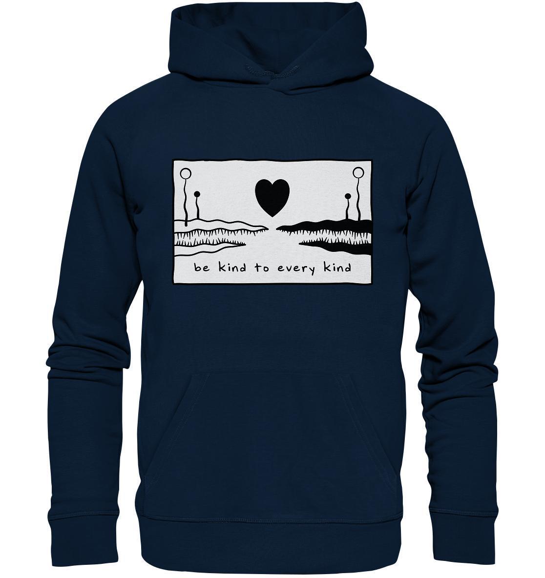 Vegan und Bio Hoodie: Be kind to every kind mit schwarzem Herz- und Alligator-Motiv, nachhaltig aus Bio-Baumwolle und recyceltem Polyester gefertigt.