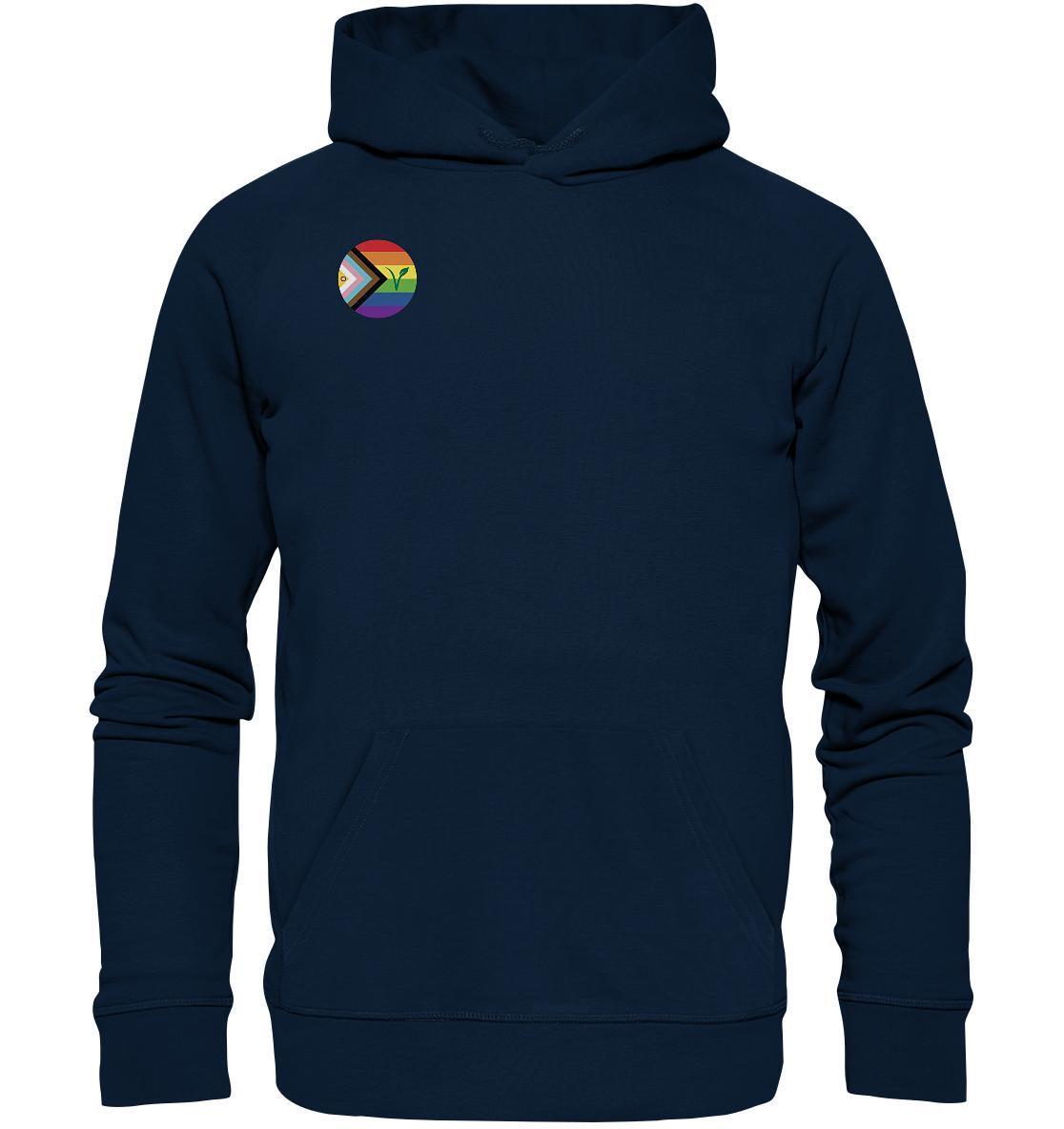 Vegan und Bio Hoodie: LGBTQIA+ VEGAN mit Regenbogen-Logo und grünem Blatt, aus Bio-Baumwolle und Recyclingmaterialien, zeigt Liebe und Nachhaltigkeit.