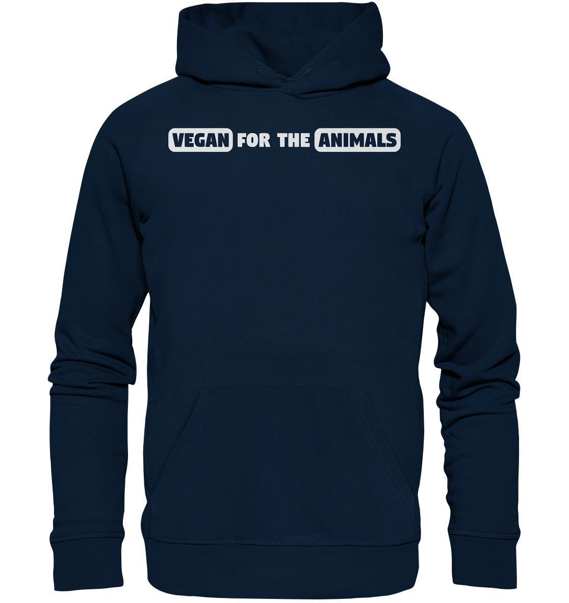 Vegan und Bio Hoodie: VEGAN FOR THE ANIMALS Edition 2, blaue Kapuzenjacke mit weißem Text, aus umweltfreundlicher Bio-Baumwolle und Recyclingmaterialien, normaler Schnitt.