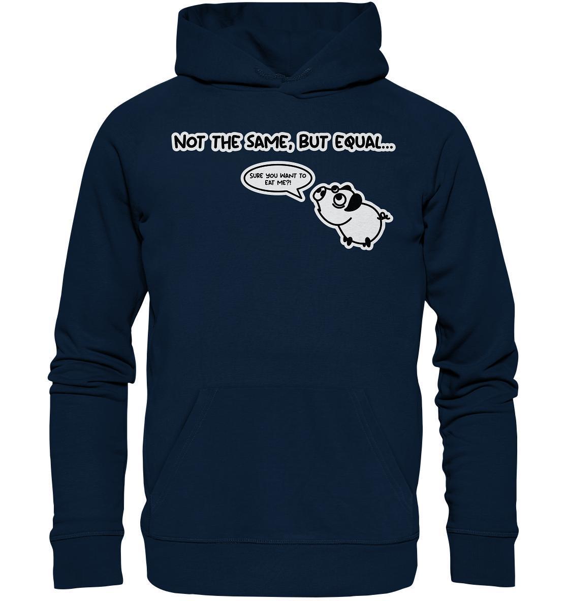 Vegan und Bio Hoodie mit süßem Cartoon-Schwein und Text, aus Bio-Baumwolle und recyceltem Polyester, unterstützt pflanzenbasierte Ernährung und Tierrechte.