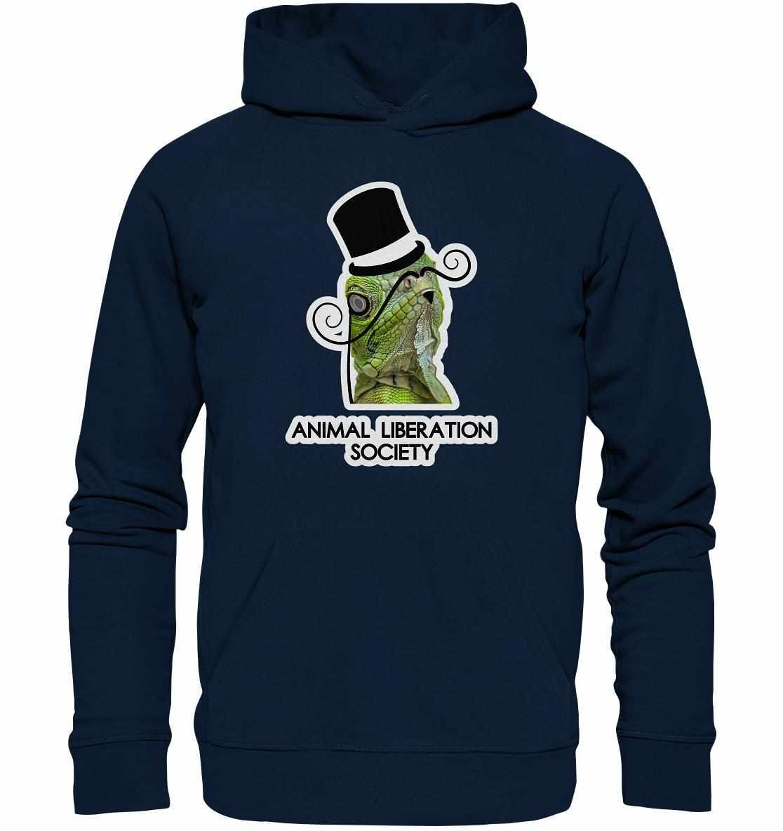 Vegan und Bio Hoodie: Sir Reptile - Animal Liberation Society, zeigt einen stilvollen, mit Zylinder und Schnurrbart verzierten Lizard, auf nachhaltigem blauen Stoff.