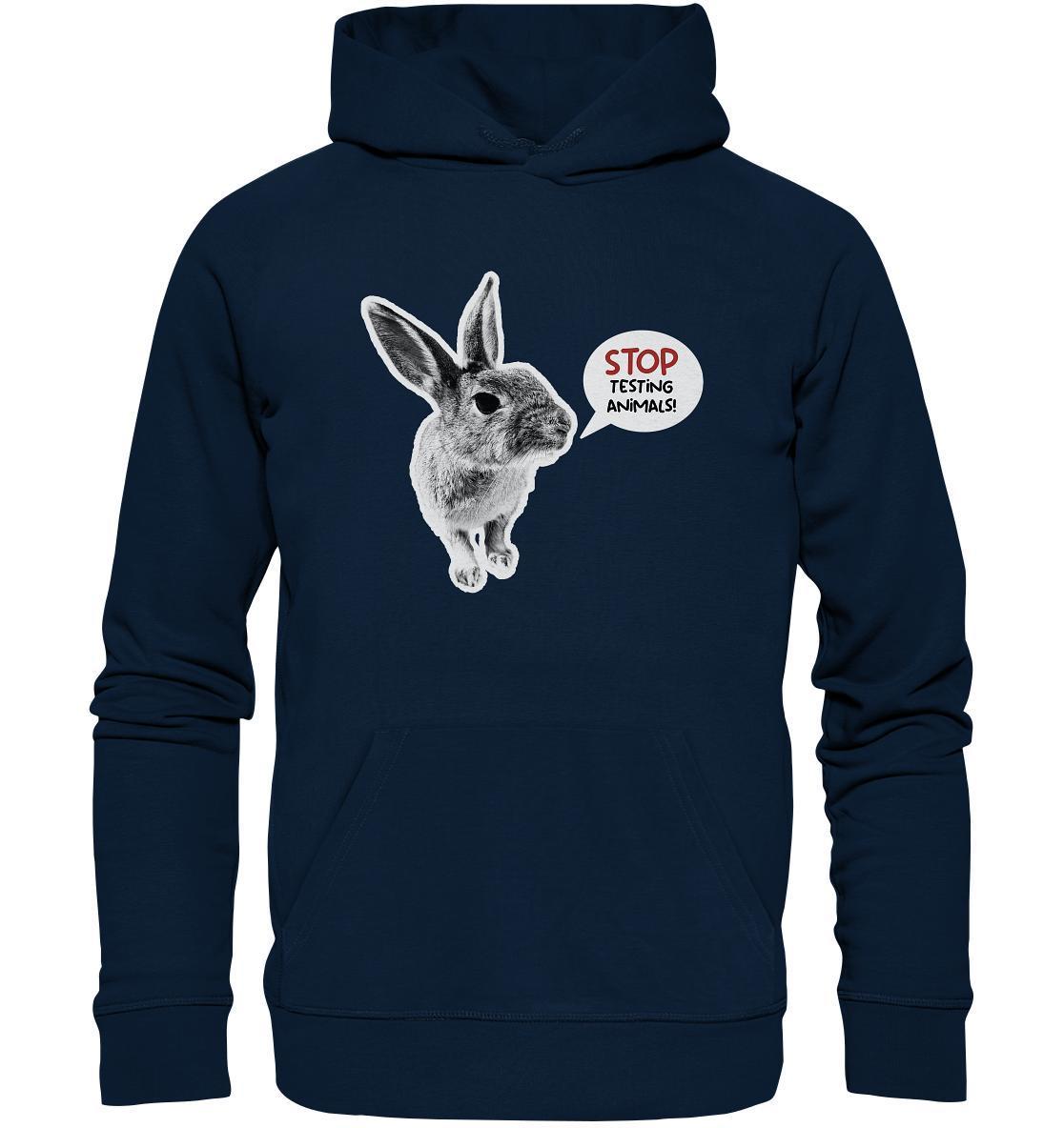 Vegan und Bio Hoodie mit Hasenmotiv und Slogan STOP ANIMAL TESTING!, aus nachhaltiger Bio-Baumwolle und recyceltem Material, von RUDE REBEL.
