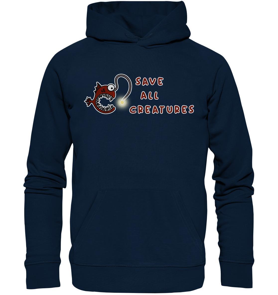 Vegan und Bio Hoodie: Weird Frogfish mit Cartoon-Anglerfisch und Kapuze aus Bio-Baumwolle und Recyclingmaterialien.