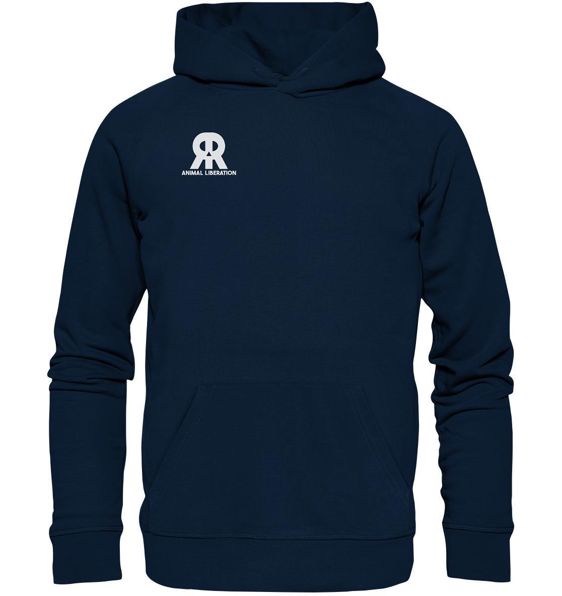 Vegan und Bio Hoodie: RUDE REBEL Skull - Animal Liberation, aus blauer Bio-Baumwolle und recyceltem Polyester, mit weißem Logo und Kängurutasche.