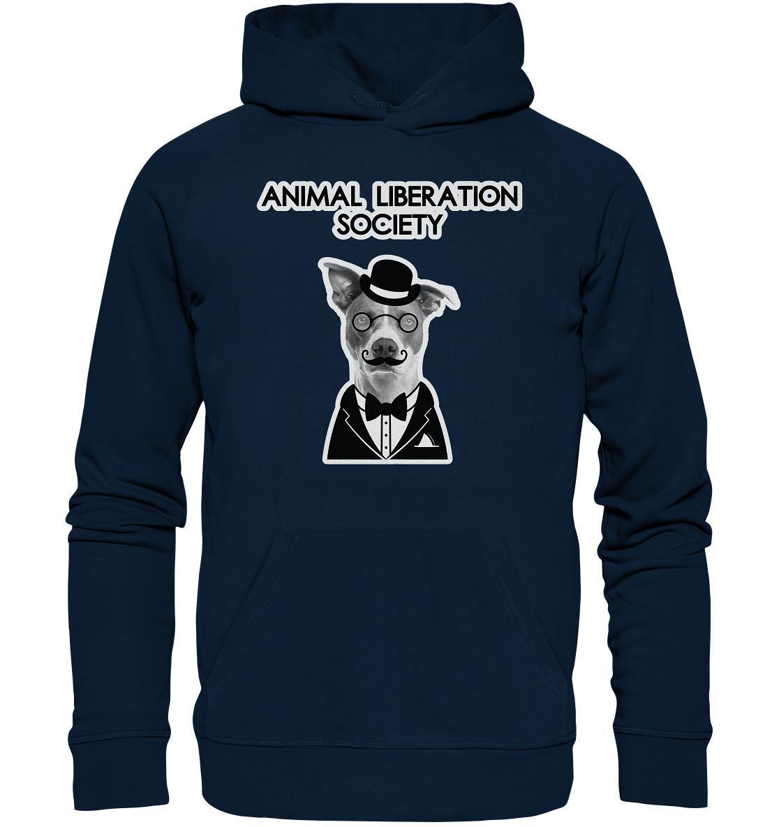 Vegan und Bio Hoodie: Mr. Dog - Animal Liberation Society mit Hundemotiv, Hut und Fliege, aus Bio-Baumwolle und recyceltem Polyester, reflektiert Tierrechtsbewegung.