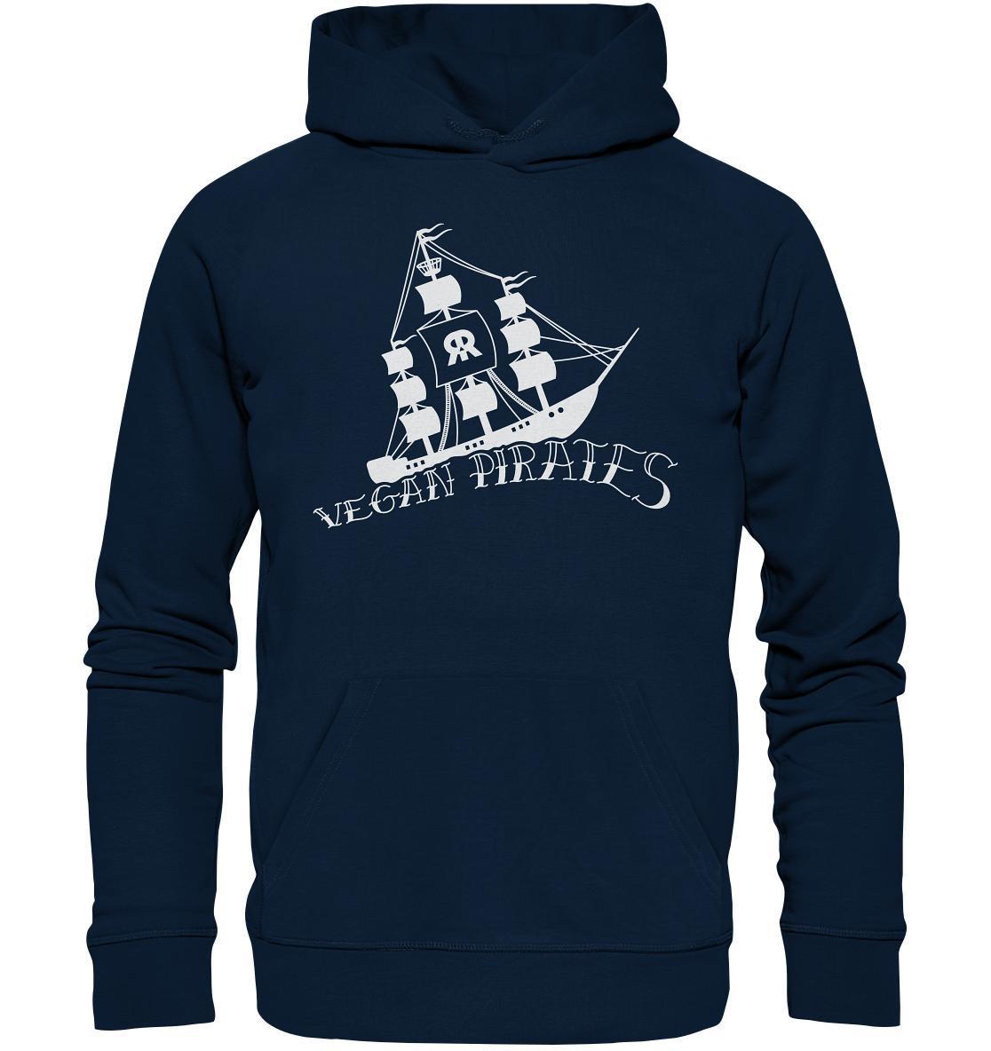 Vegan und Bio Hoodie: Vegan Pirates mit weißem Piratenschiff-Motiv, nachhaltig aus Bio-Baumwolle und recyceltem Polyester, von RUDE REBEL.