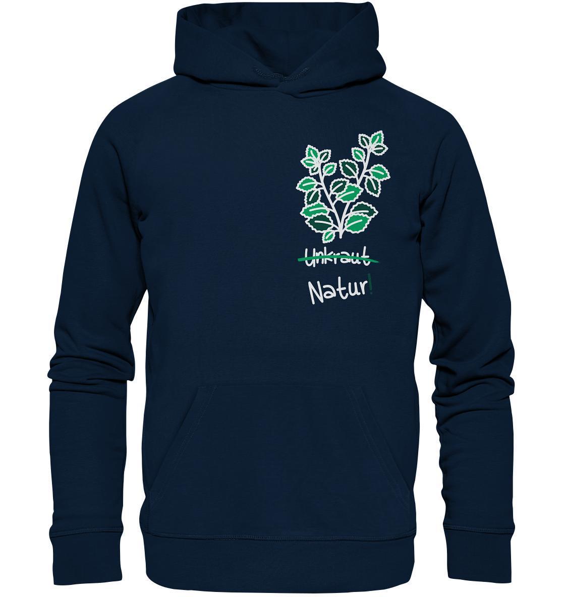 Vegan und Bio Hoodie: Brennnessel - Naturschutz, aus Bio-Baumwolle mit grünem Pflanzenmotiv, Kängurutasche und Kapuze. Nachhaltig und umweltfreundlich produziert.