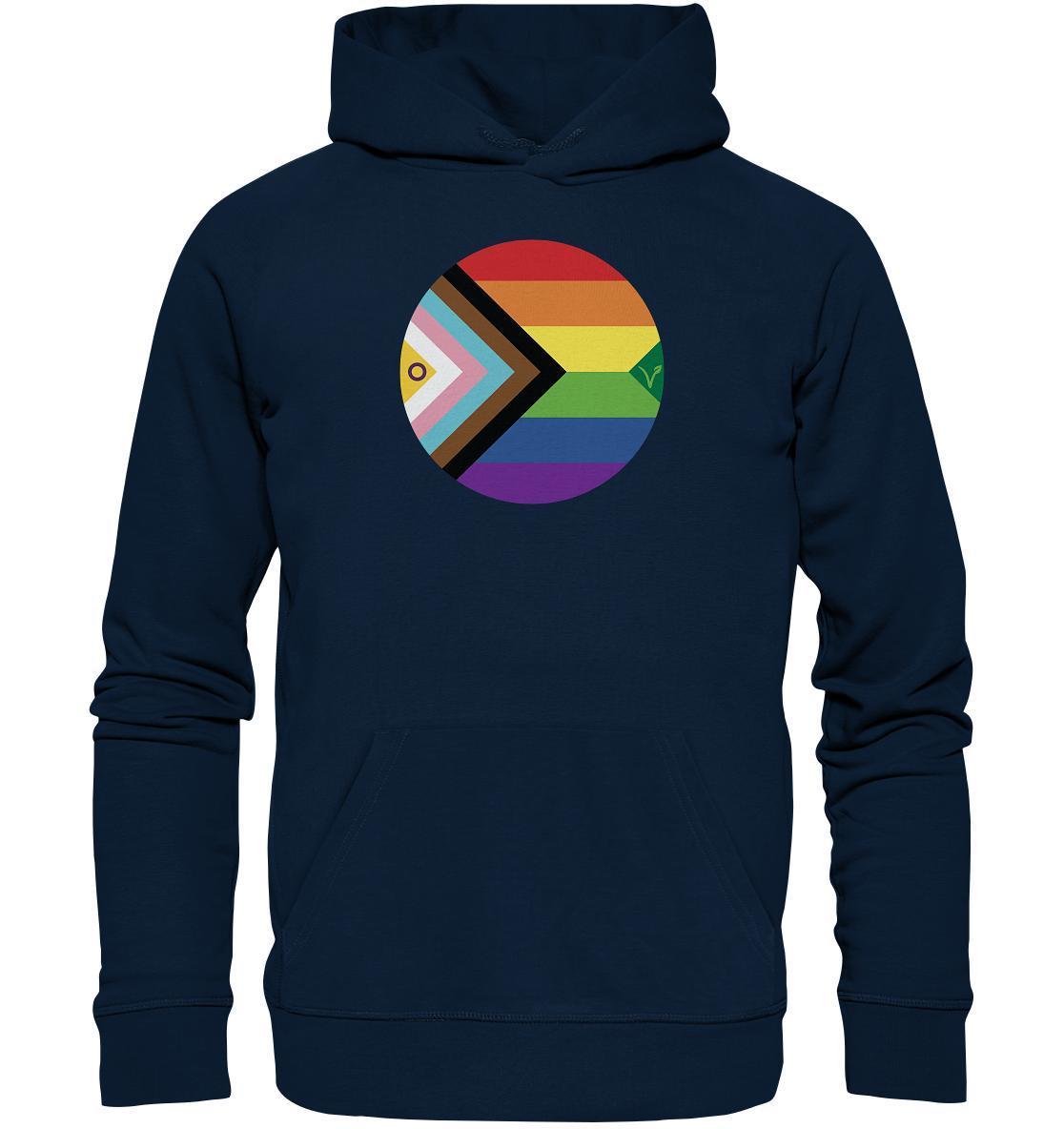 Vegan und Bio Hoodie: LGBTQAI+ Veganismus, blauer Hoodie mit Regenbogen-Kreis-Logo, aus Bio-Baumwolle und recyceltem Material, normaler Schnitt, nachhaltige Mode.