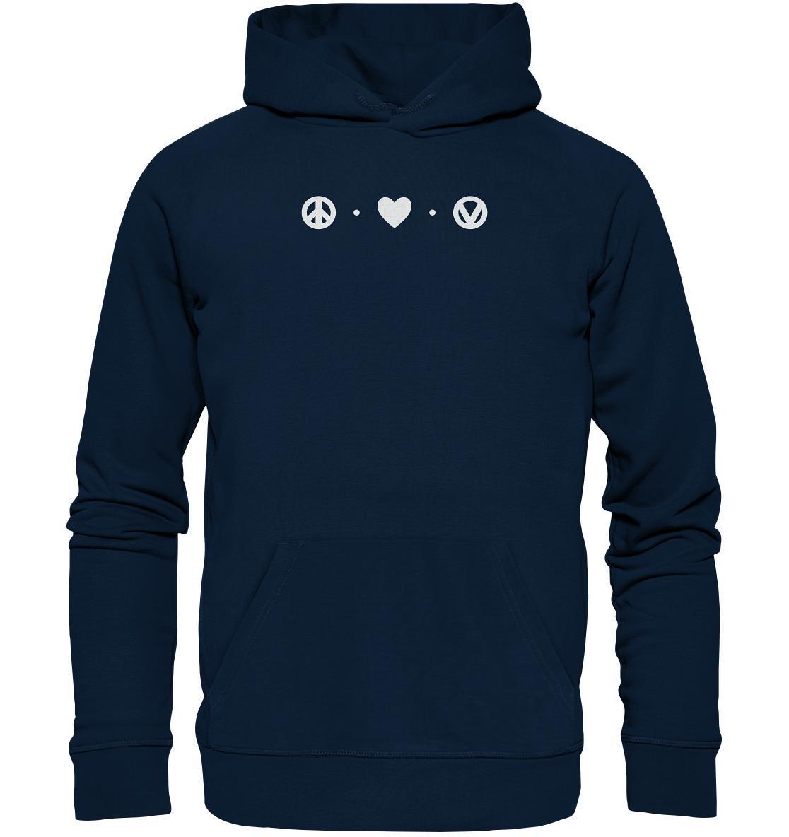 Vegan und Bio Hoodie: Peace - Love - Veganism, blauer Hoodie mit weißen Symbolen, Peace-Zeichen und Herz, aus Bio-Baumwolle und recyceltem Polyester, verkörpert Frieden und Liebe.