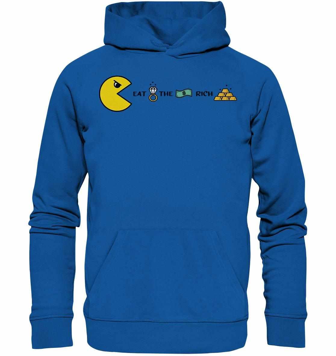 Vegan und Bio Hoodie: PAC-MAN - Eat the rich, blauer Kapuzenpullover mit Cartoon-Motiv, Kängurutasche, aus Bio-Baumwolle und Recyclingmaterialien, rebellisches Design von RUDE REBEL.