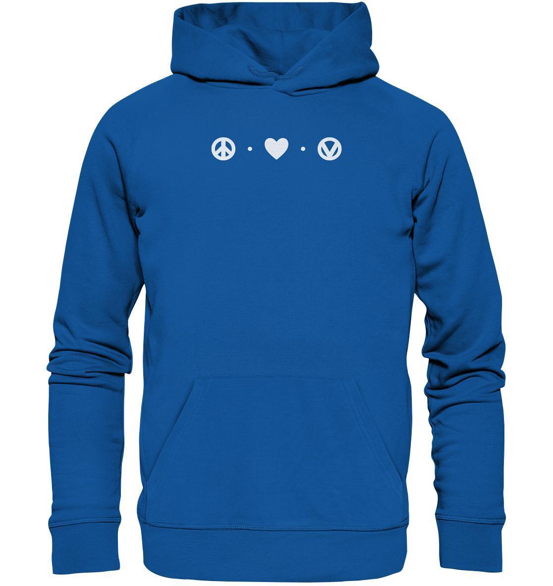 Vegan und Bio Hoodie: Peace - Love - Veganism, mit weißen Symbolen Herz und Friedenszeichen, aus Bio-Baumwolle und recyceltem Polyester, nachhaltiges Design von RUDE REBEL.