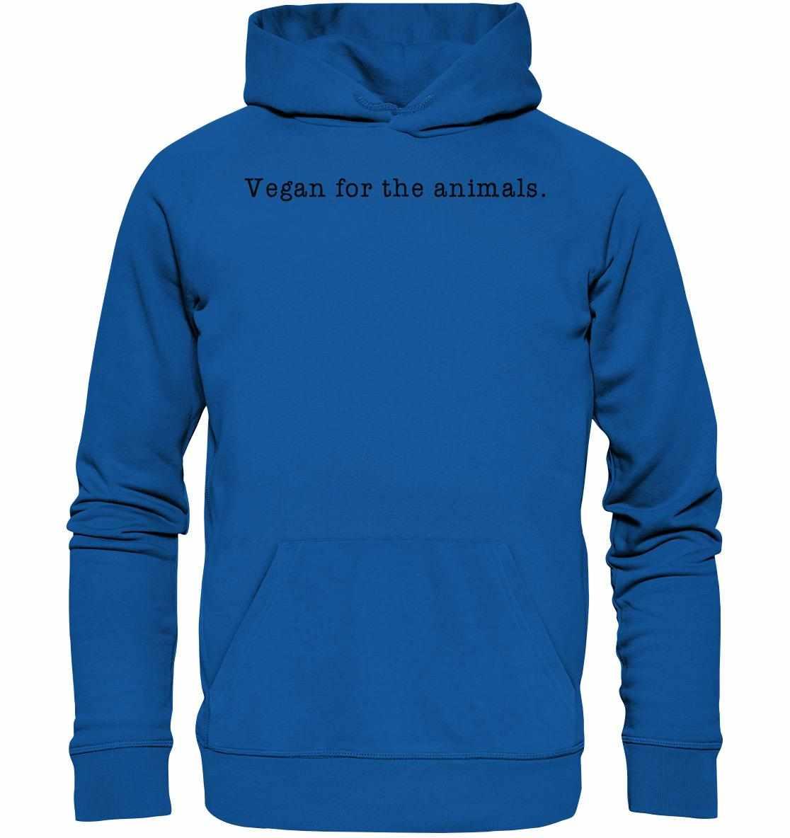 Vegan und Bio Hoodie mit schwarzem Text, hergestellt aus Bio-Baumwolle und recyceltem Polyester, zeigt den Grund für Veganismus: Liebe zum Tier.
