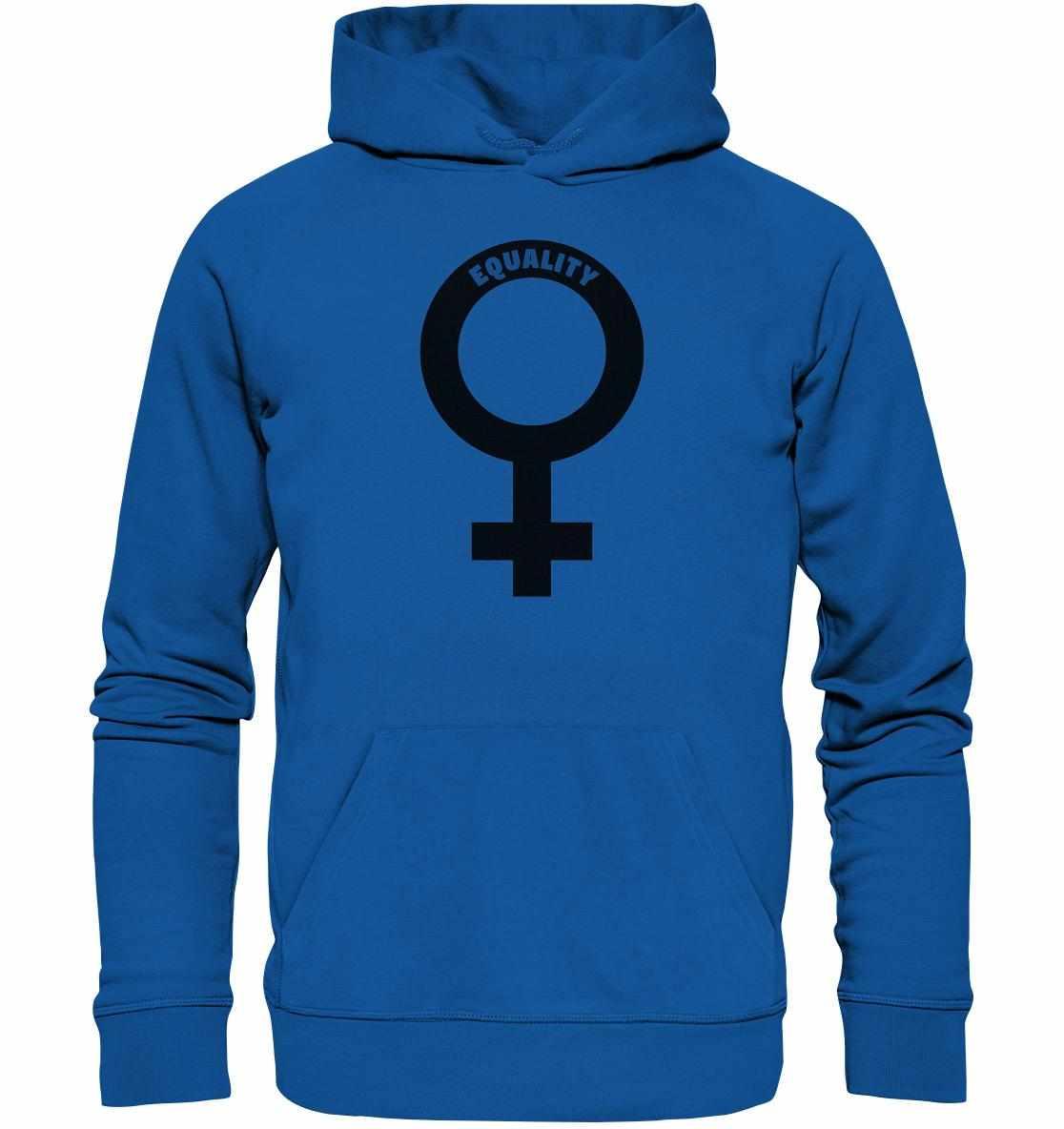 Vegan und Bio Hoodie mit Venussymbol und feministischer Botschaft, aus nachhaltiger Bio-Baumwolle und recycelten Materialien, mit Kängurutasche und Kapuze.