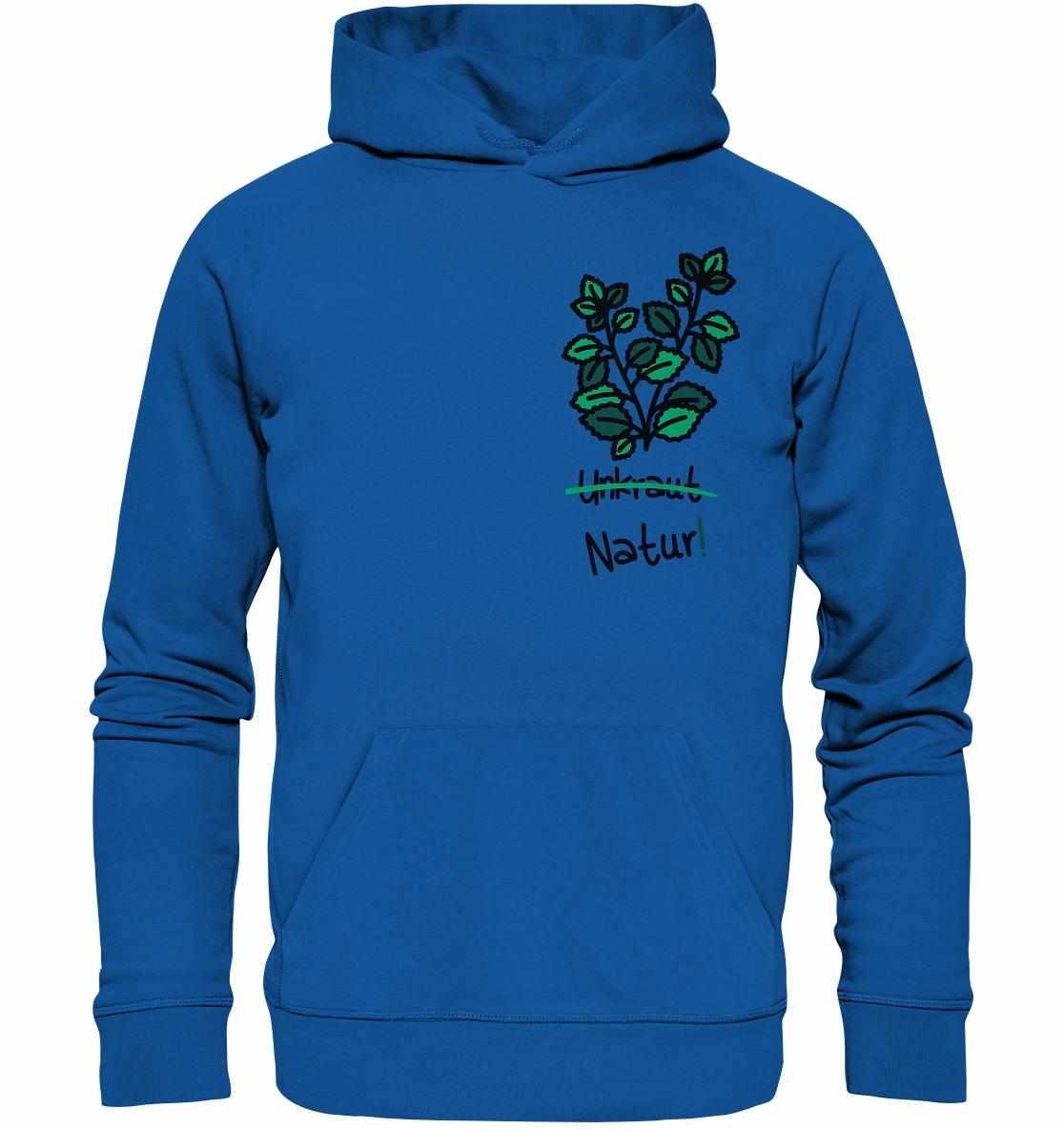 Vegan und Bio Hoodie mit Brennnessel-Motiv, aus nachhaltiger Bio-Baumwolle, symbolisiert Umweltschutz und Naturliebe. Langarm, Kängurutasche, Kapuze mit Jersey-Futter.