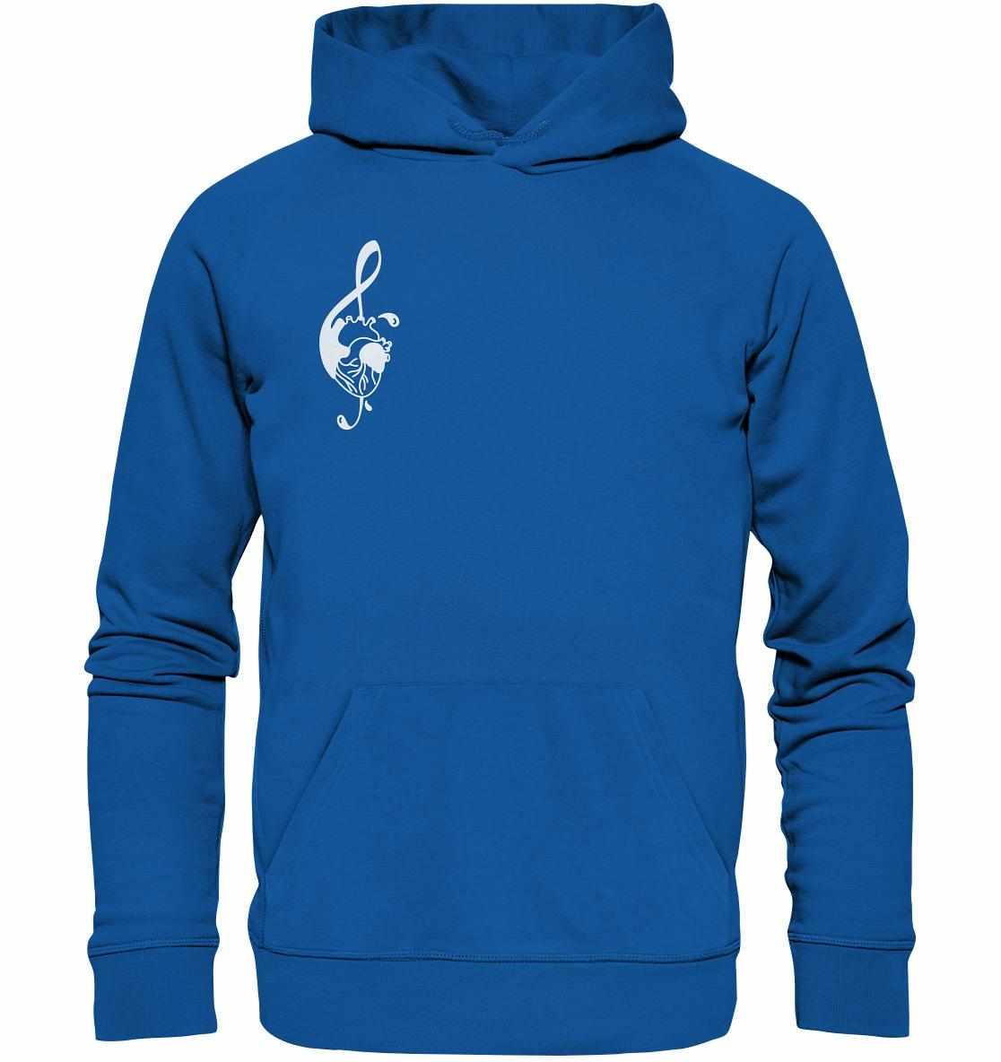 Vegan und Bio Hoodie: Music Therapy with Heart, blauer Hoodie mit weißem Notenschlüssel, aus Bio-Baumwolle, Kapuze mit Kordel, Kängurutasche.