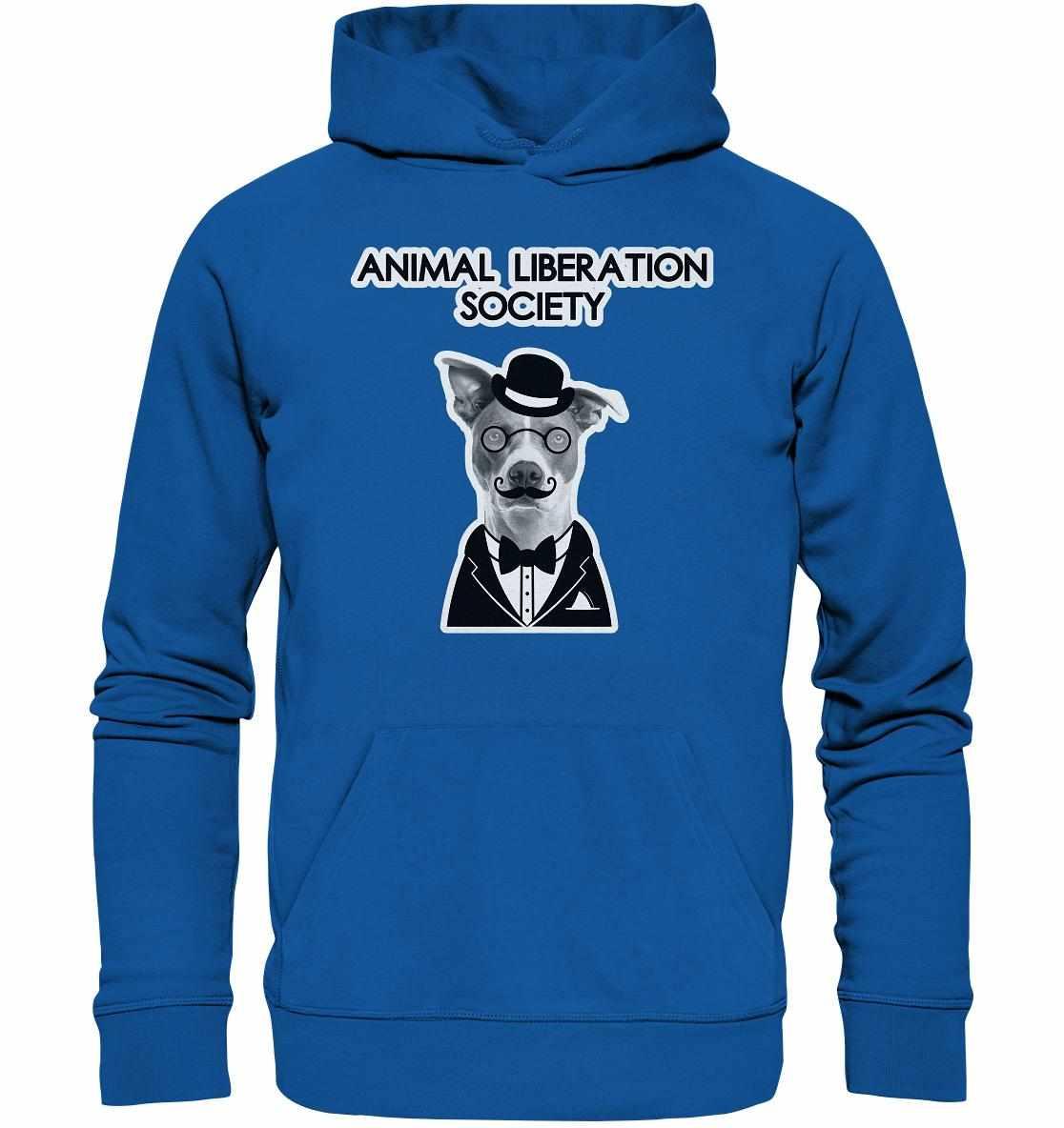 Vegan und Bio Hoodie: Mr. Dog - Animal Liberation Society mit Hundemotiv im Anzug, Kapuze und Kängurutasche, nachhaltig aus Bio-Baumwolle und recyceltem Polyester hergestellt.